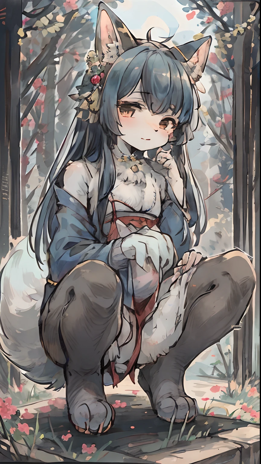 Masterpiece, Shuimobysim, Badashanren, Choukezouma, Tout de suite, Le cerisier, Fleurs de cerisier dansant dans le vent(super mignon 1fille, seulement, Kemono, furry anthro)(animal ear, animal tail)corps entier,chatte_contour,Anthro, Commentaire, enfant, totalement nu, sexy, petit, cub, baby, squatting
