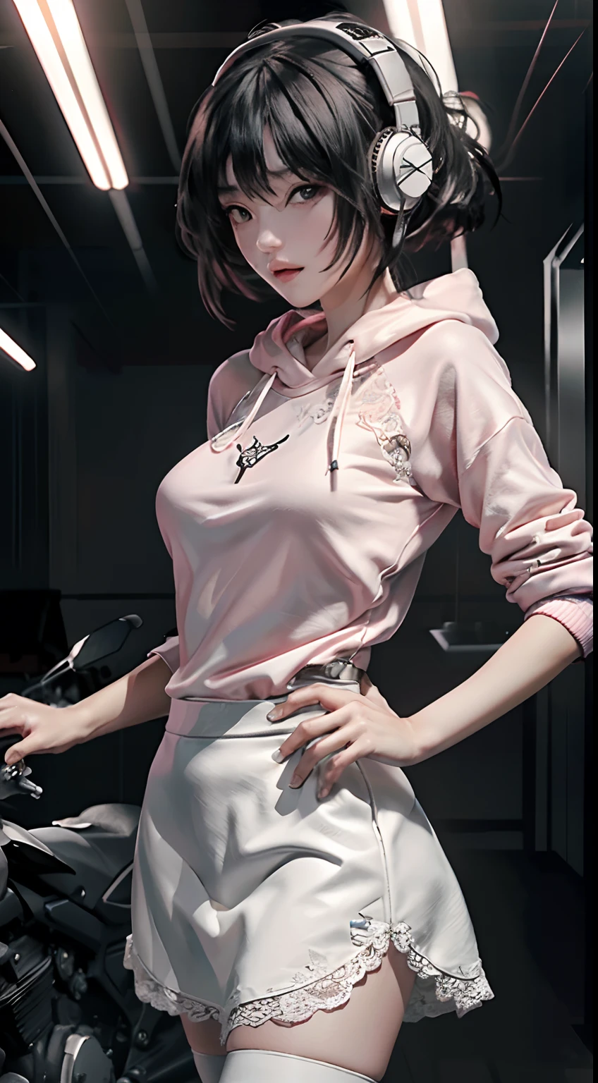 Highest image quality,Outstanding details,超高分辨率,(Fidelity:1.4),The best illustration,Favor the details,Highly cohesive 1girl,He has a delicate and beautiful face,Wear a pink sweatshirt,huge breasts1.2,with headphones on,Ride a metal motorcycle,1girll,Short white lace skirt,The background is a high-tech lighting scene in the future city,Campus scene。