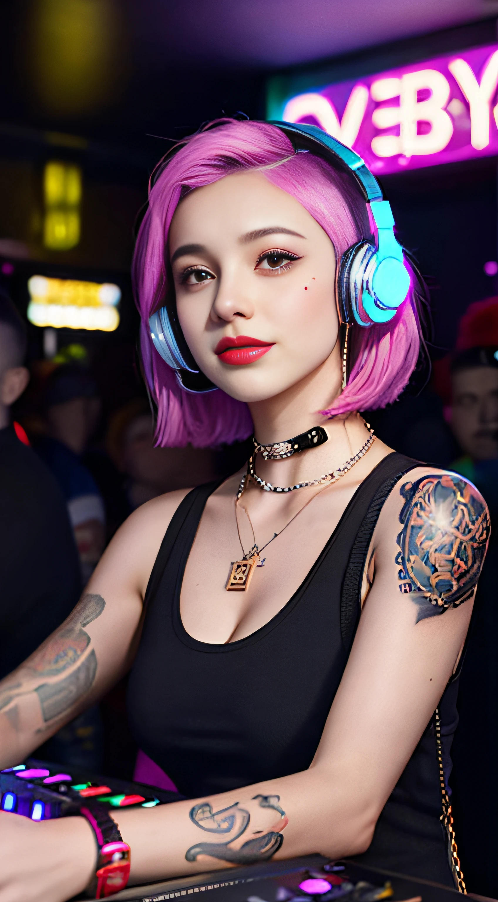 Best quality, Masterpiece, Ultra High resolution, native photo, Professional, photography, color photography, 1 girl, disco bar, girl with headphones, Djing in bar, upper body, female DJ, Looking at the crowd, DJ, DJ machine, DJ machine, Stage lights, (buzz cut:1.1), (Tattoo :1.1), Happy, dynamic, Gucci, Versace, cool, necklace, view