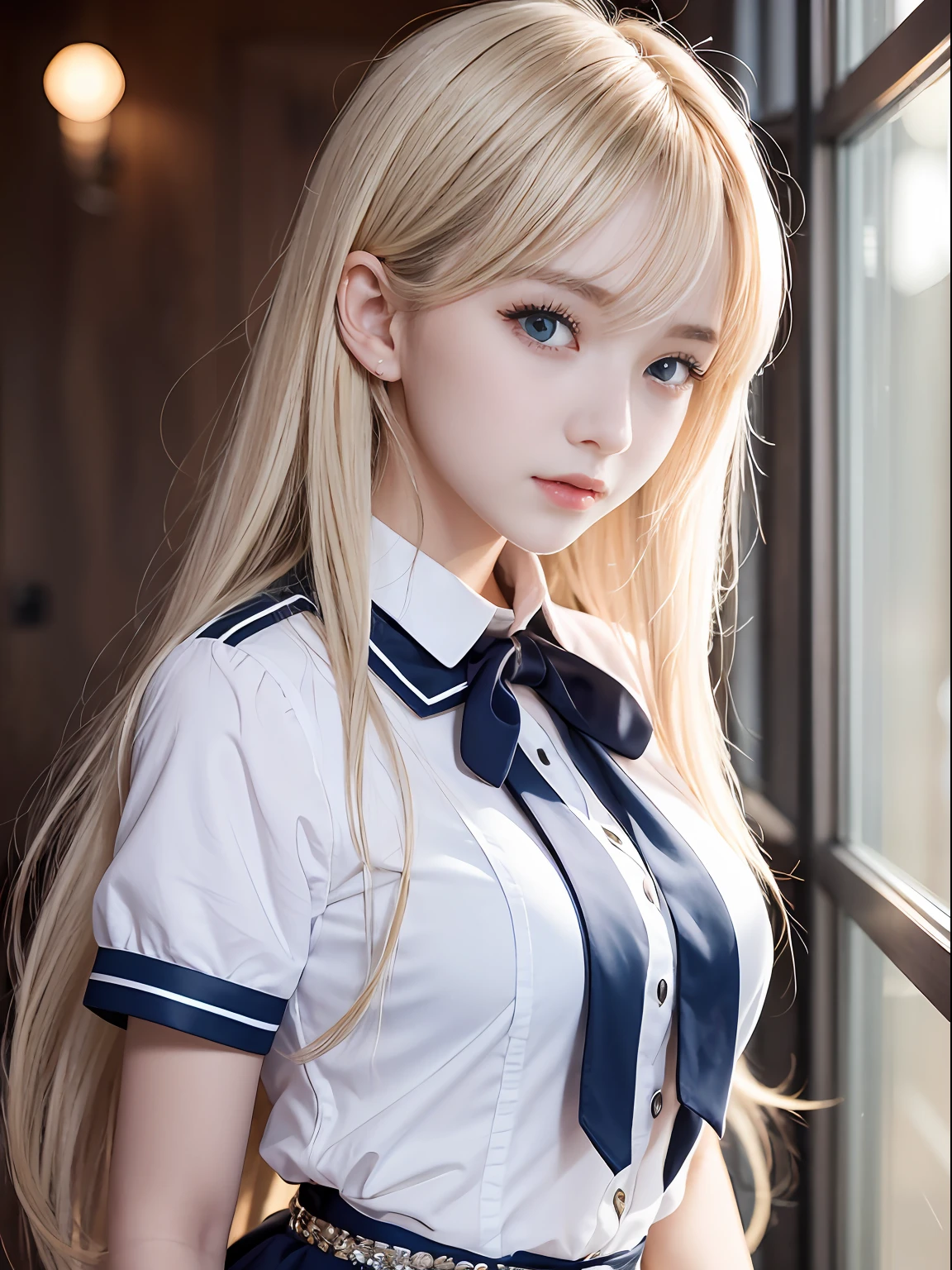 portlate、School Uniforms、bright expression、Young shiny shiny white shiny skin、Best Looks、Blonde reflected light、Platinum blonde hair with dazzling highlights、shiny light hair,、Super long silky straight hair、Beautiful bangs that shine、Glowing crystal clear attractive big blue eyes、Very beautiful nice cute girl、Lush bust、