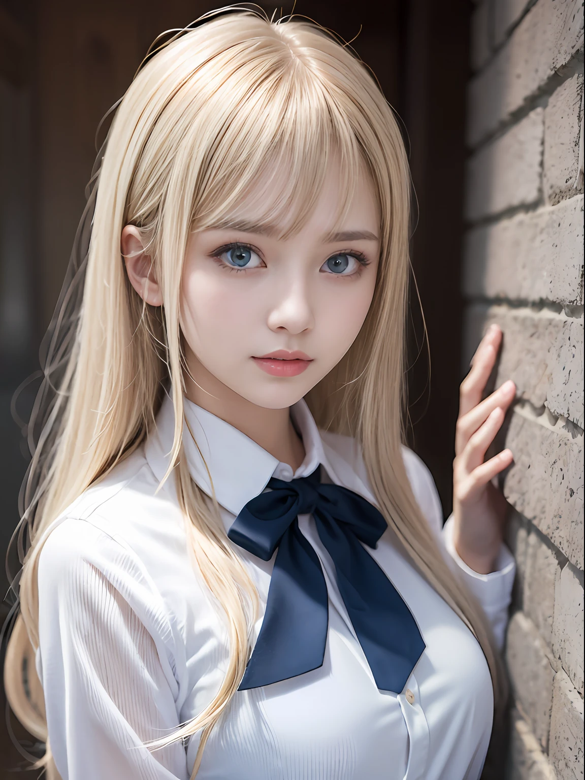 portlate、School Uniforms、bright expression、Young shiny shiny white shiny skin、Best Looks、Blonde reflected light、Platinum blonde hair with dazzling highlights、shiny light hair,、Super long silky straight hair、Beautiful bangs that shine、Glowing crystal clear attractive big blue eyes、Very beautiful nice cute 16 year old girl、Lush bust、
