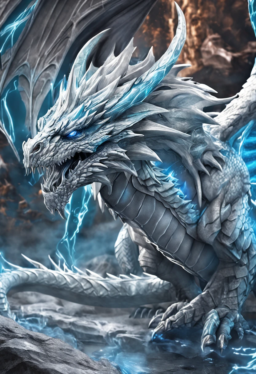 Close-up of a dragon with a large head and body,Blue-eyed White Dragon Sliever Sky Dragon,Huge dragon background,yugioh art style,Legendary Dragon,colossal dragon in background,Crystal Dragon,yugioh card,sliver ice color reflected armor。