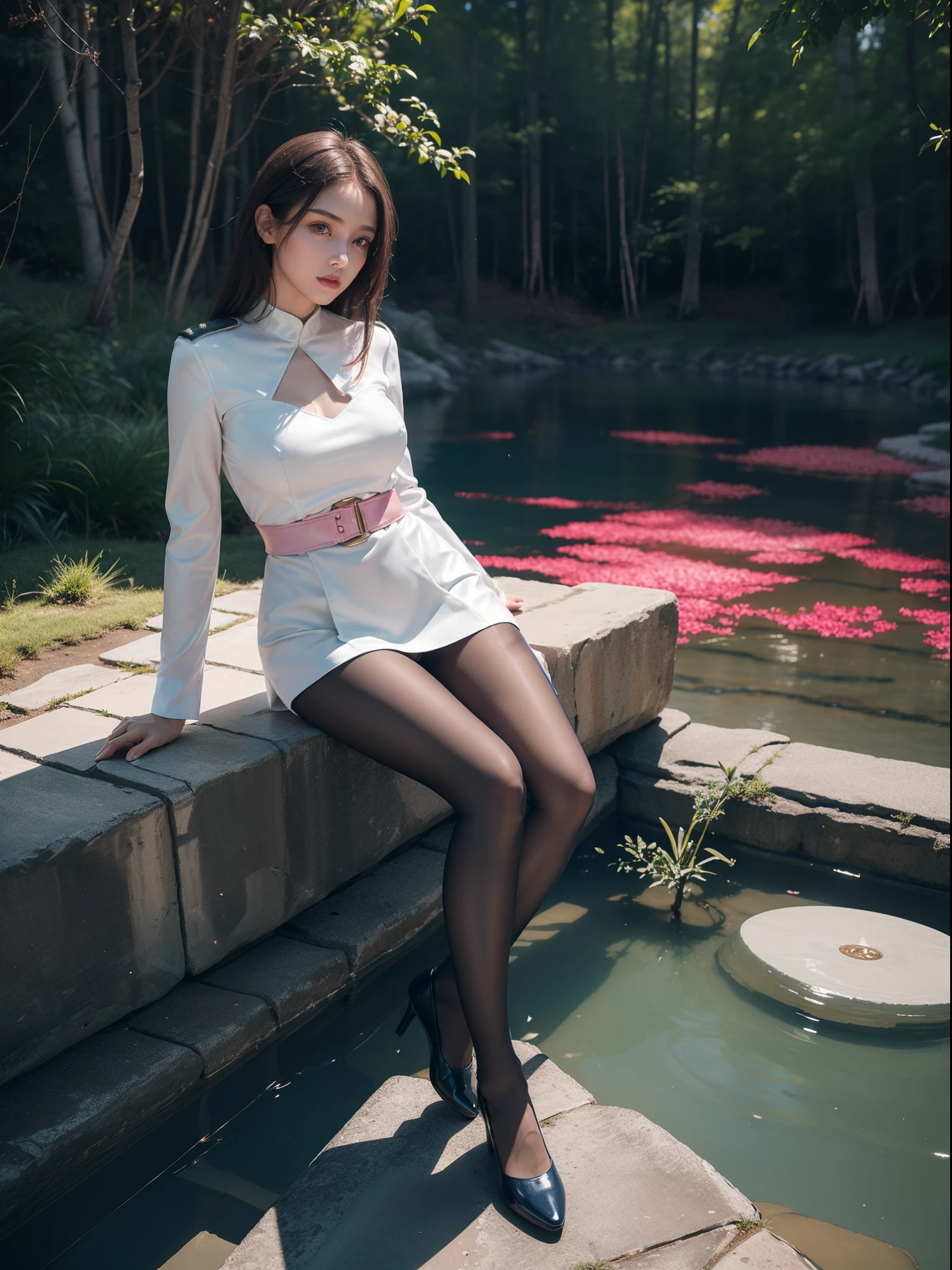 (full body:2),(1girl:1.3),(view the viewer:1.4),(anatomy correct:1.5),(Sitting by the creek,:1.35),(Polished Satin finish pantyhose:1.4),(A mature and sensual woman Wear printed fantasy soldiers SET and polished Uniform women's leather shoes :1.35),(A woman with large buttocks, breasts, and a slender waist:1.4), (Light particle effect:1.3),(In pink | amarelo | blue colors| green color |red color | white colors| black in color| purplish color| greys| Beige| Flesh color 1.4),(Glowing eyes:1.3),(Large amplitude action: 1.3),(Accurate and perfect face:1.4),hyper HD, Ray traching, reflective light,structurally correct, Award-Awarded, high detail, lighten shade contrast, Face lighting ,cinmatic lighting, masterpiece, super detailing, high quality, high detail, best quality, 16k,High contrast,