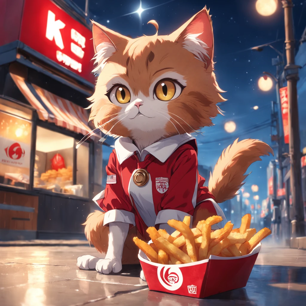 An exquisite CG illustration showcases a cute cat with big eyes enjoying crispy fried chicken and French fries in front of a KFC under the full moon. The cat is wearing a red outfit.