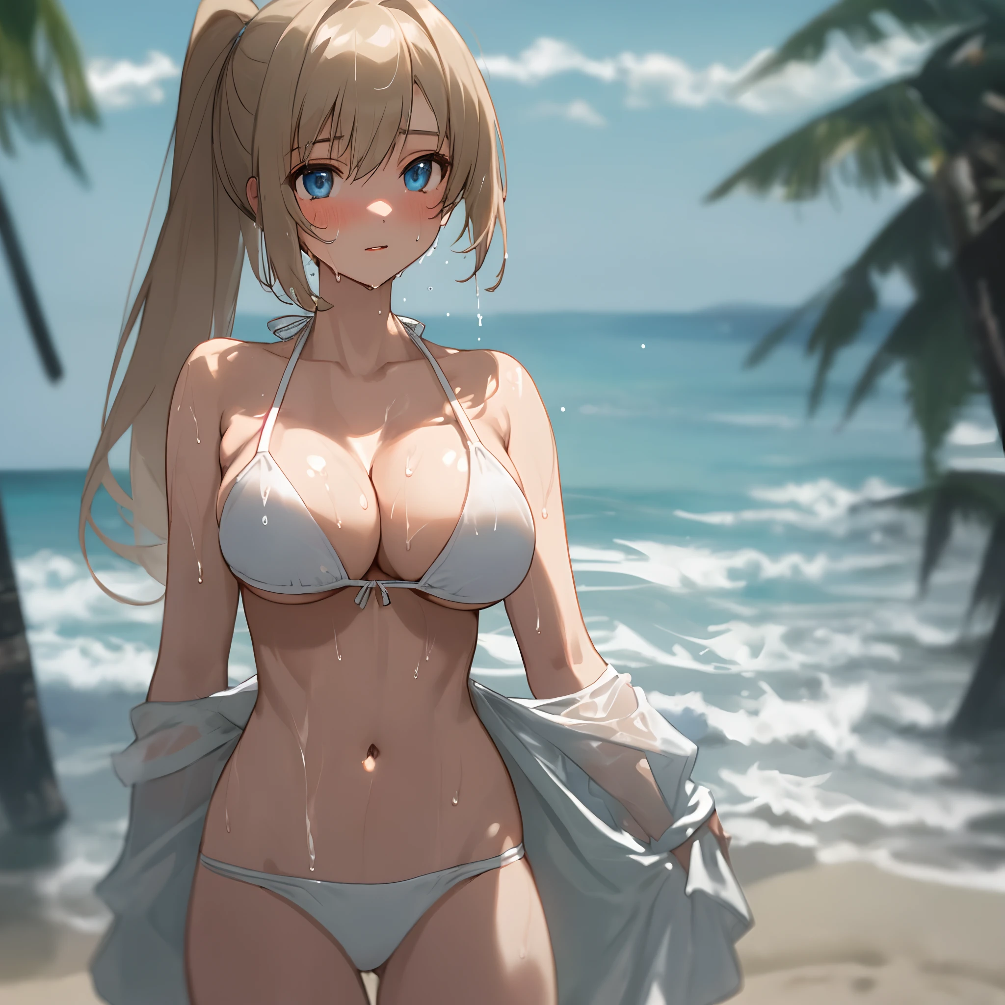 girl with、alone、large full breasts、Sharp body、Detailed eyes、poneyTail、White bikini、A slender、Smooth thighs、abdominals、white clothes、A detailed face、Delicate skin、delicate hair、Detailed hand、hightquality、realisitic、the beach、Dripping sweat、cleavage of the breast、high-level image quality、Wet and see-through、boldness