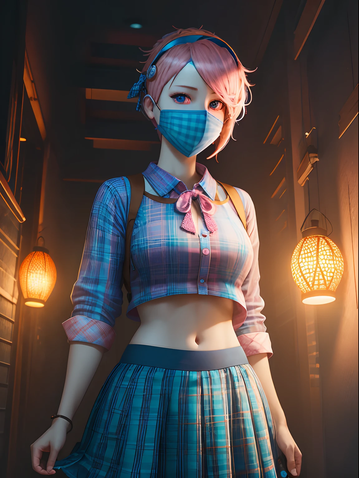 Blue plaid shirt, Orange openwork lantern skirt, full bodyesbian, pink hair, mask removed, mask on head, empty eyes, Surrealism, ray tracing, UHD, masterpiece, anatomically correct, UHD, best quality --auto