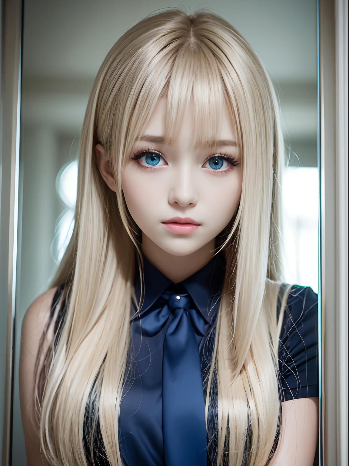 portlate、School Uniforms、bright expression、poneyTail、Young shiny shiny white shiny skin、Best Looks、Blonde reflected light、Platinum blonde hair with dazzling highlights、shiny light hair,、Super long silky straight hair、Beautiful bangs that shine、Glowing crystal clear attractive big blue eyes、Very beautiful nice cute 16 year old girl、Lush bust