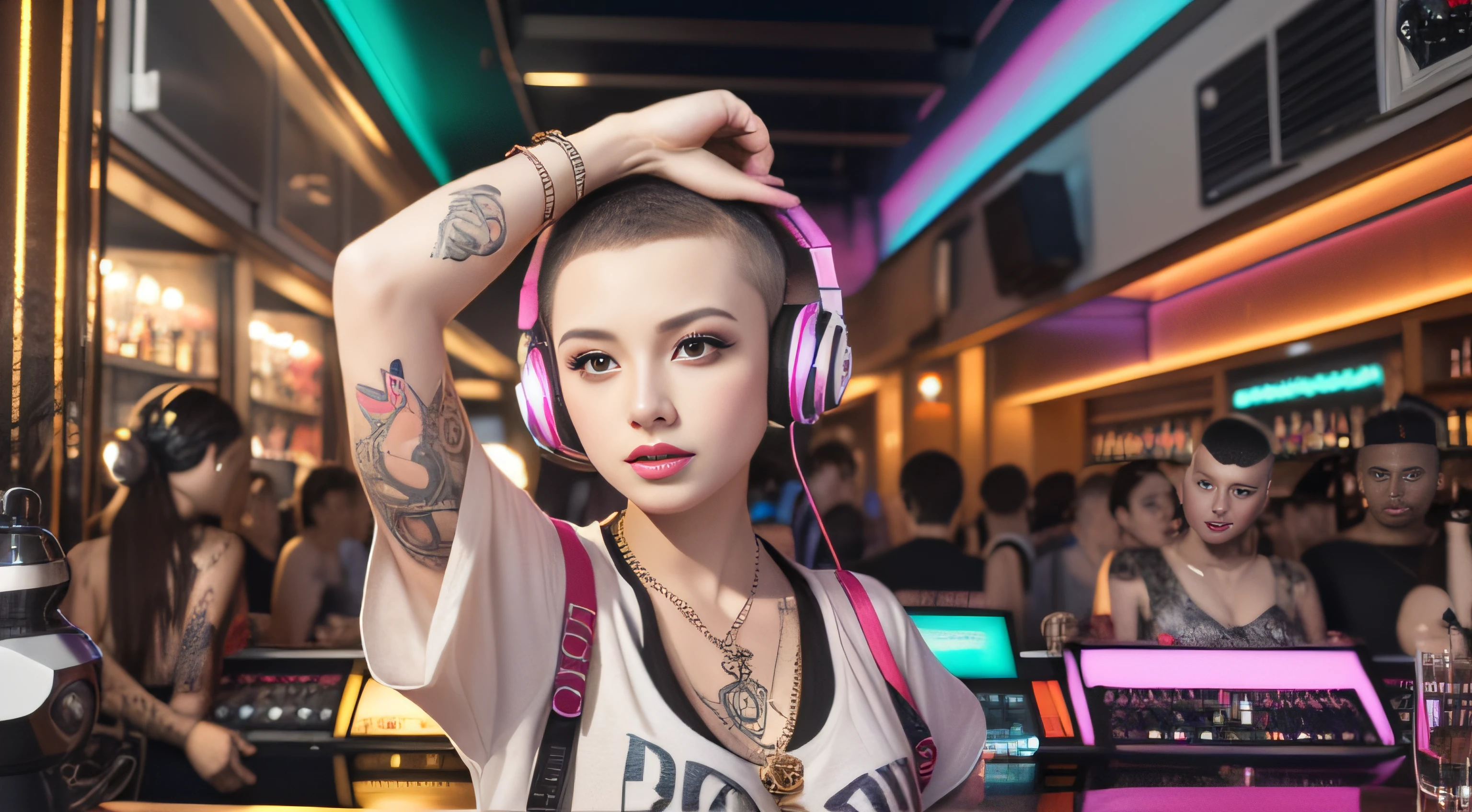 Best quality, Masterpiece, Ultra High resolution, native photo, Professional, photography, color photography, 1 girl, disco bar, girl with headphones, Djing in bar, upper body, female DJ, Looking at the crowd, DJ, DJ machine, DJ machine, Stage lights, (buzz cut:1.1), (Tattoo :1.1), Happy, dynamic, Gucci, Versace, cool, necklace, view