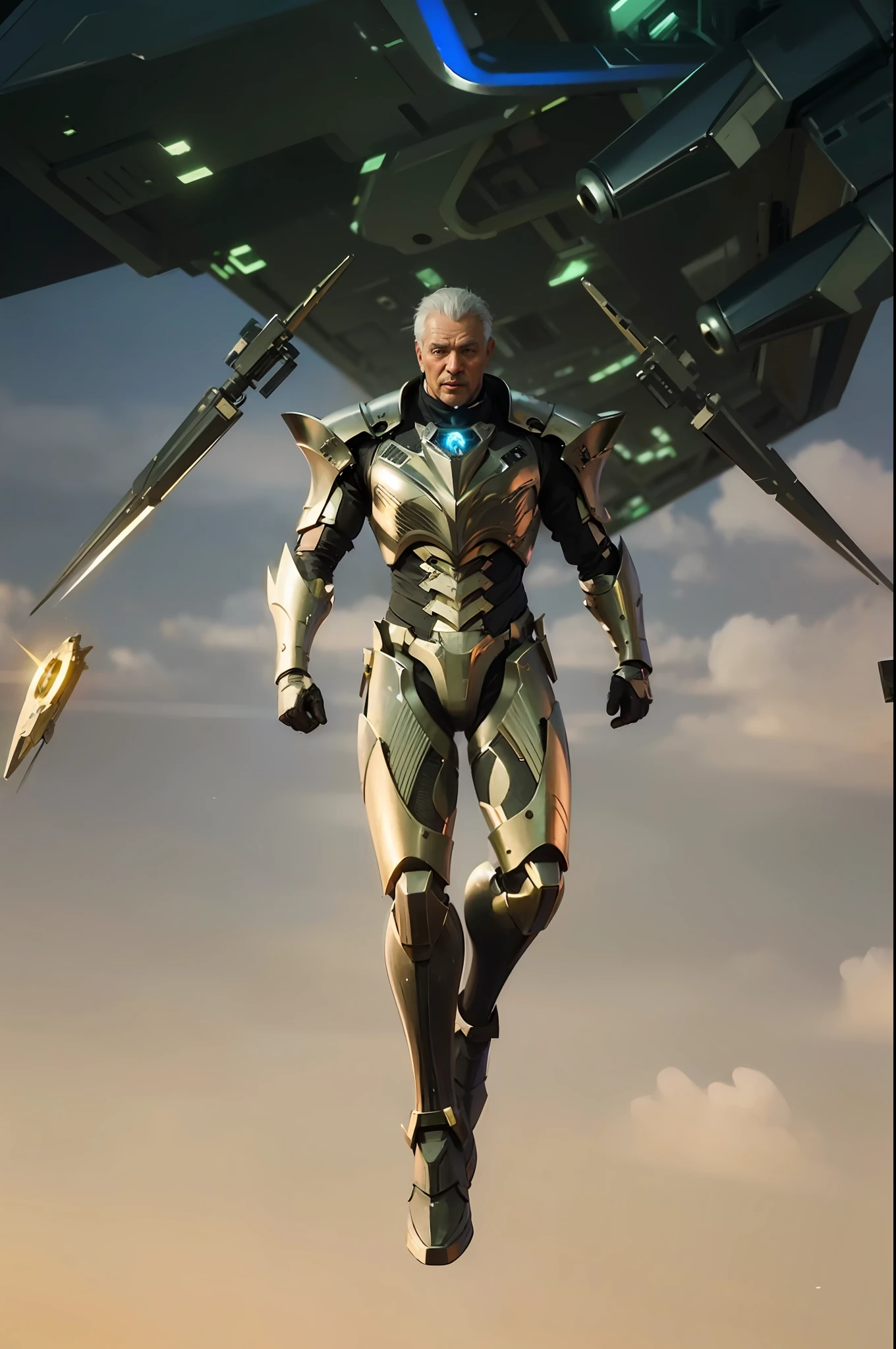 Old man, best quality, photo, 4k,looking at viewer,full body,wear platinum armor,
