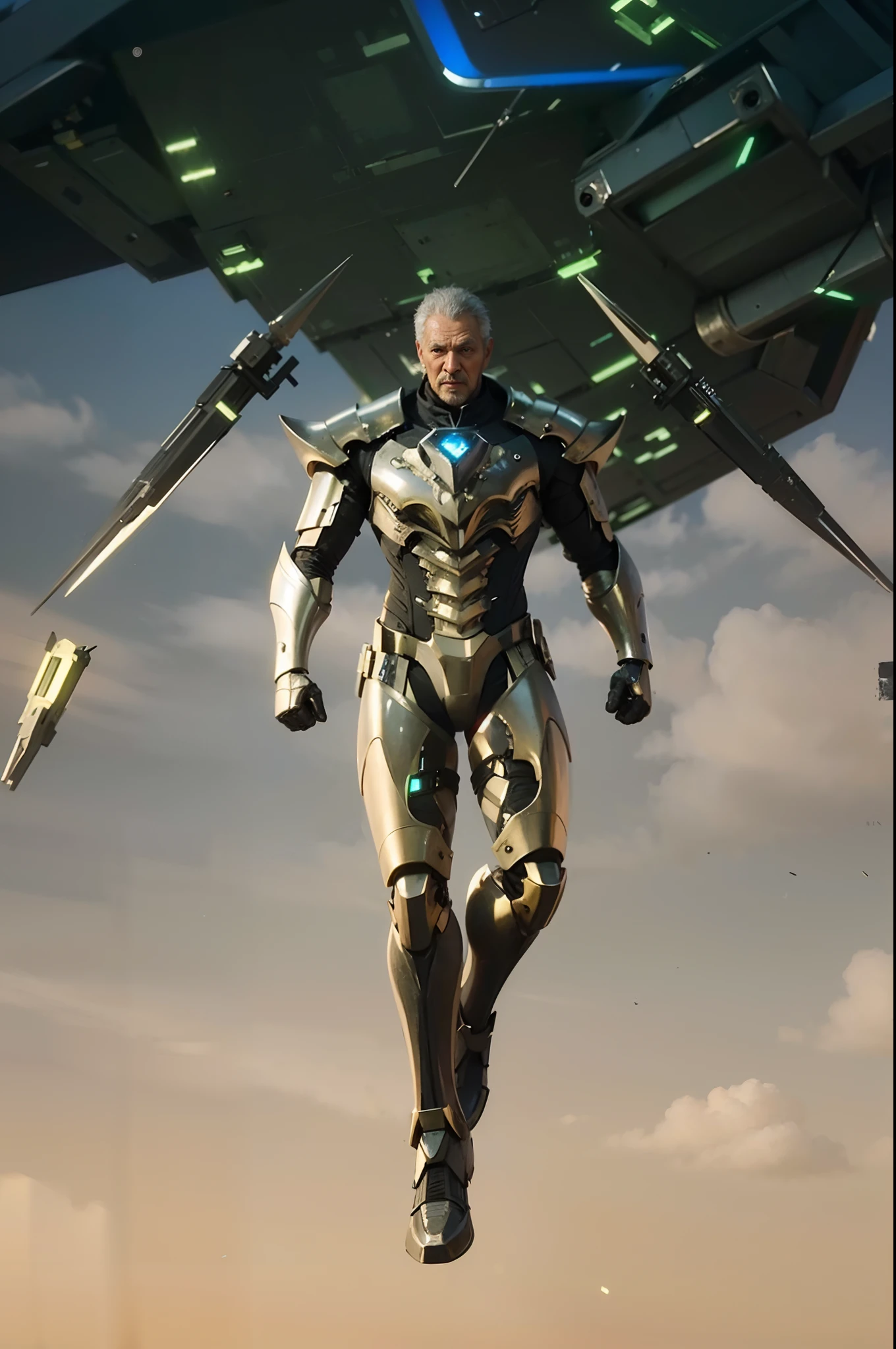 Old man, best quality, photo, 4k,looking at viewer,full body,wear platinum armor,