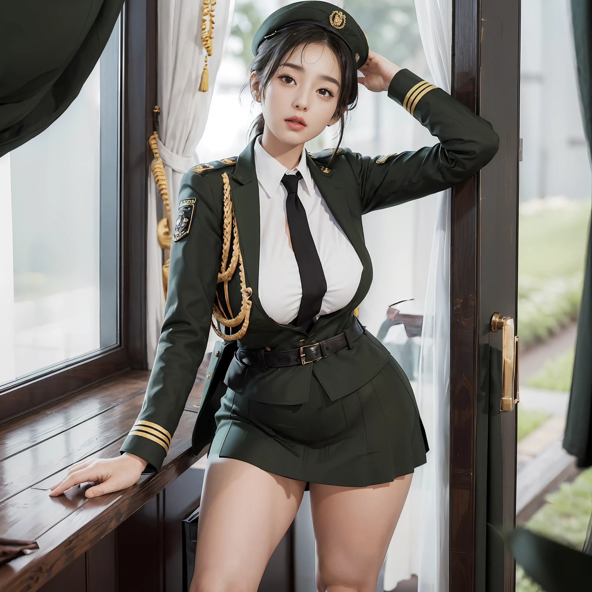 Very detailed CG unity 8K wallpaper，（tmasterpiece），（best qualtiy），（ultra - detailed），（Ultra photo realsisim），（best character detail：1.36），Nikon D750 f / 1.4 55mm，profesional lighting， physically-based renderingt, 1girll, Female soldier，army suit，Green military uniform，Long-sleeved military uniform，Fabric texture military uniform，The jacket is lined with a plain white shirt，Dark green tie，(Army green skirt)，military hat，Black hair，the golden ratio,[:(com rosto detalhado:1.2):0.2]:,PureErosFace_V1, broad shoulder,(Plump breasts:1.5),(Bigchest:1.5),(big assa:1.5)，Wide buttock ，Bare legged，Plump legs，At the bottom of the skirt are slightly white panties，whitestocking，without wearing shoes，Soaked with sweat，red flags，at class room，bright sun，Bright smile，White teeth，lighting，Contre-Jour，