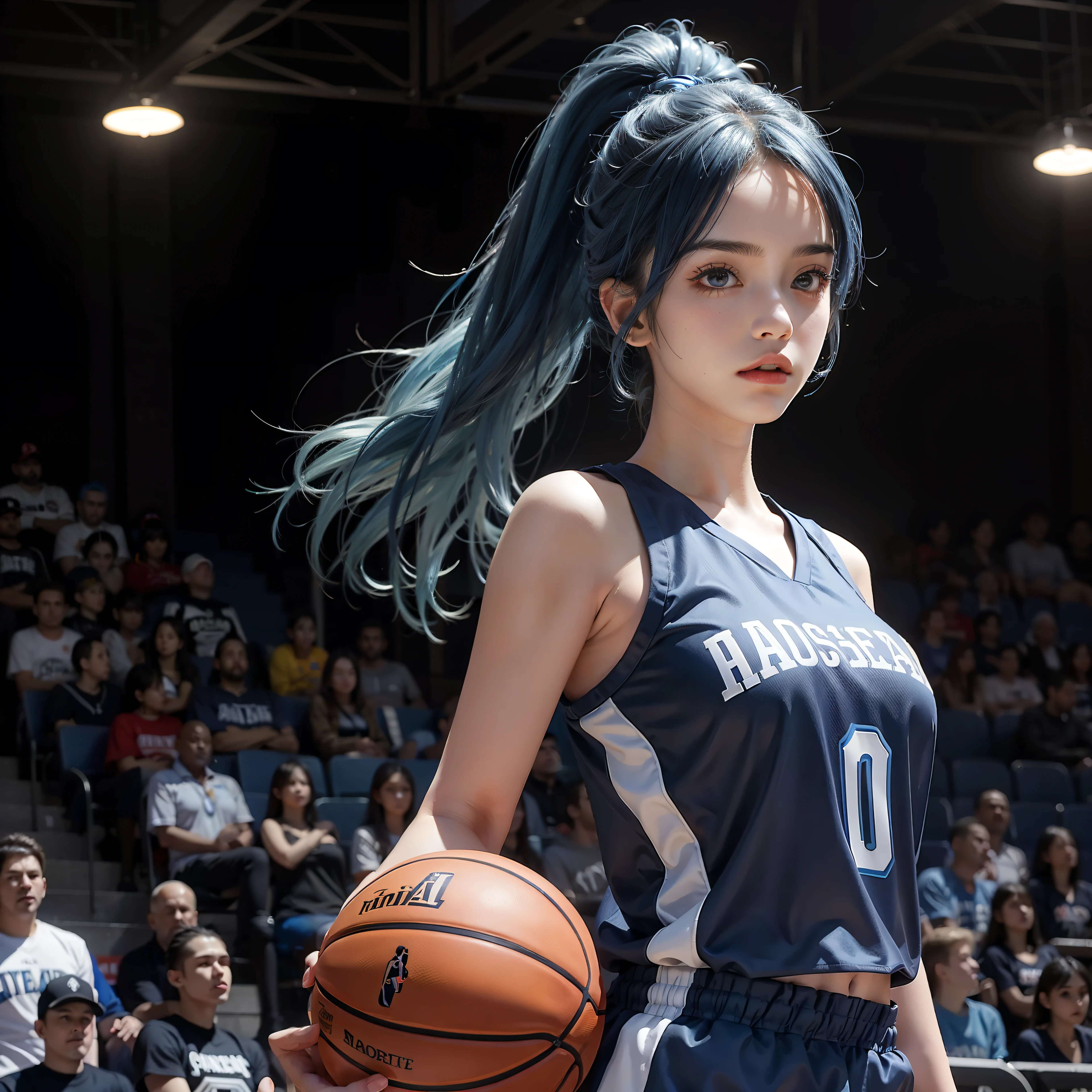 masterpiece,a realistic beautiful girl basketballwear,blue hair,Madison square centre