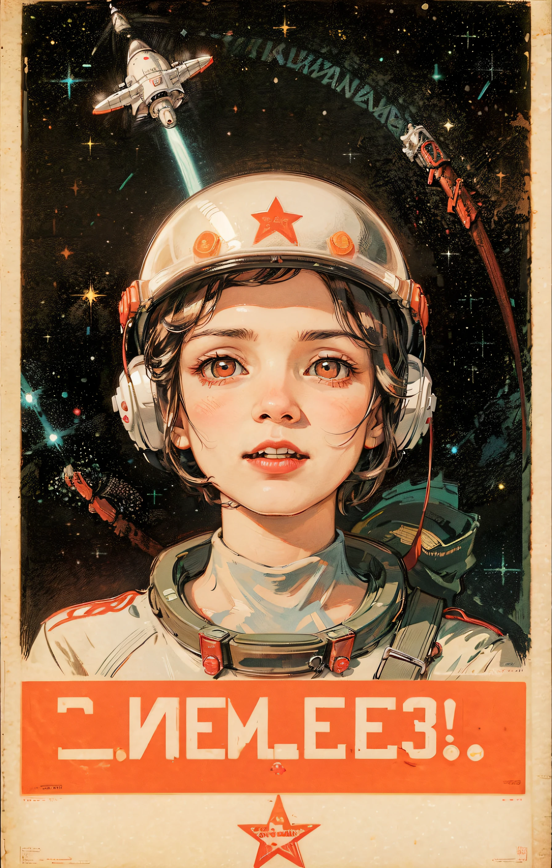 1girl,flat_breasts,cute,beautiful detailed eyes,shiny hair,visible through hair,hairs between eyes, CCCPposter, sovietposter,red monochrome,soviet poster, soviet,communism,
Black_hair,red_eyes,vampire,age,poorbreast,Spacesuit:Orange_clothing_body:jumpsuit),white_gloves, white_space shoes, white_helmet, the CCCP red letters on the top of helmet, weightlessness, Side light, reflection, The person in the spacesuit is at the bottom left of the frame, The right hand is outstretched, the right hand gently touches the Salyut space station), Space station in the upper right corner of the screen, Reflected light from the sun, Silver metal,red flag, brilliance,USSR style, diffuse reflection, Metallic texture, The vista is a blue Earth,mecha style,the sea of star,high tone, magnificent