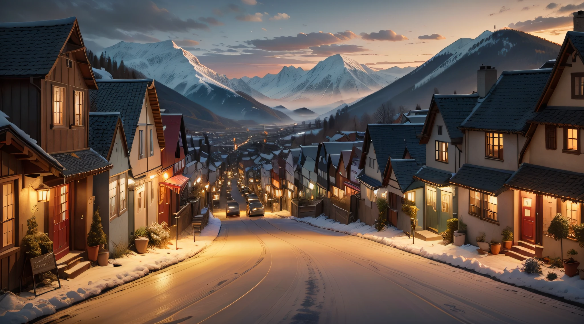 pedestrians，Peaceful town illuminated by morning light, Its streets are decorated with ancient buildings and porches. The gently sloping cobbled streets depict the awakening of small-town life, Residents walk out the door. In the distance, Picturesque mountains create the backdrop for this tranquil scene, Painted in warm colors and soft lighting, Capture the essence of a quiet and cozy town.