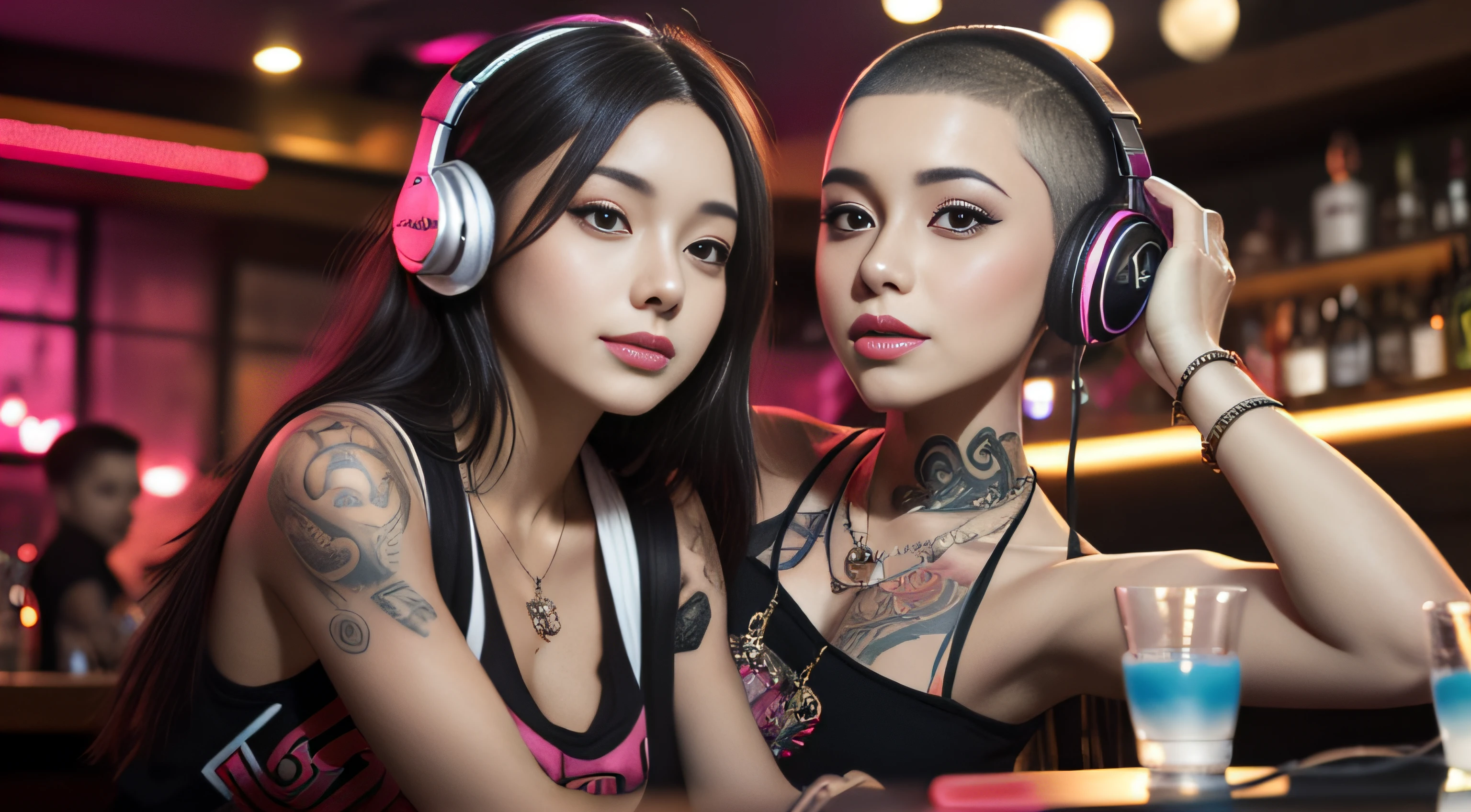 Best quality, Masterpiece, Ultra High resolution, native photo, Professional, photography, color photography, 1 girl, disco bar, girl with headphones, Djing in bar, upper body, female DJ, Looking at the crowd, DJ, DJ machine, DJ machine, Stage lights, (buzz cut:1.1), (Tattoo :1.1), Happy, dynamic, Gucci, Versace, cool, necklace, view