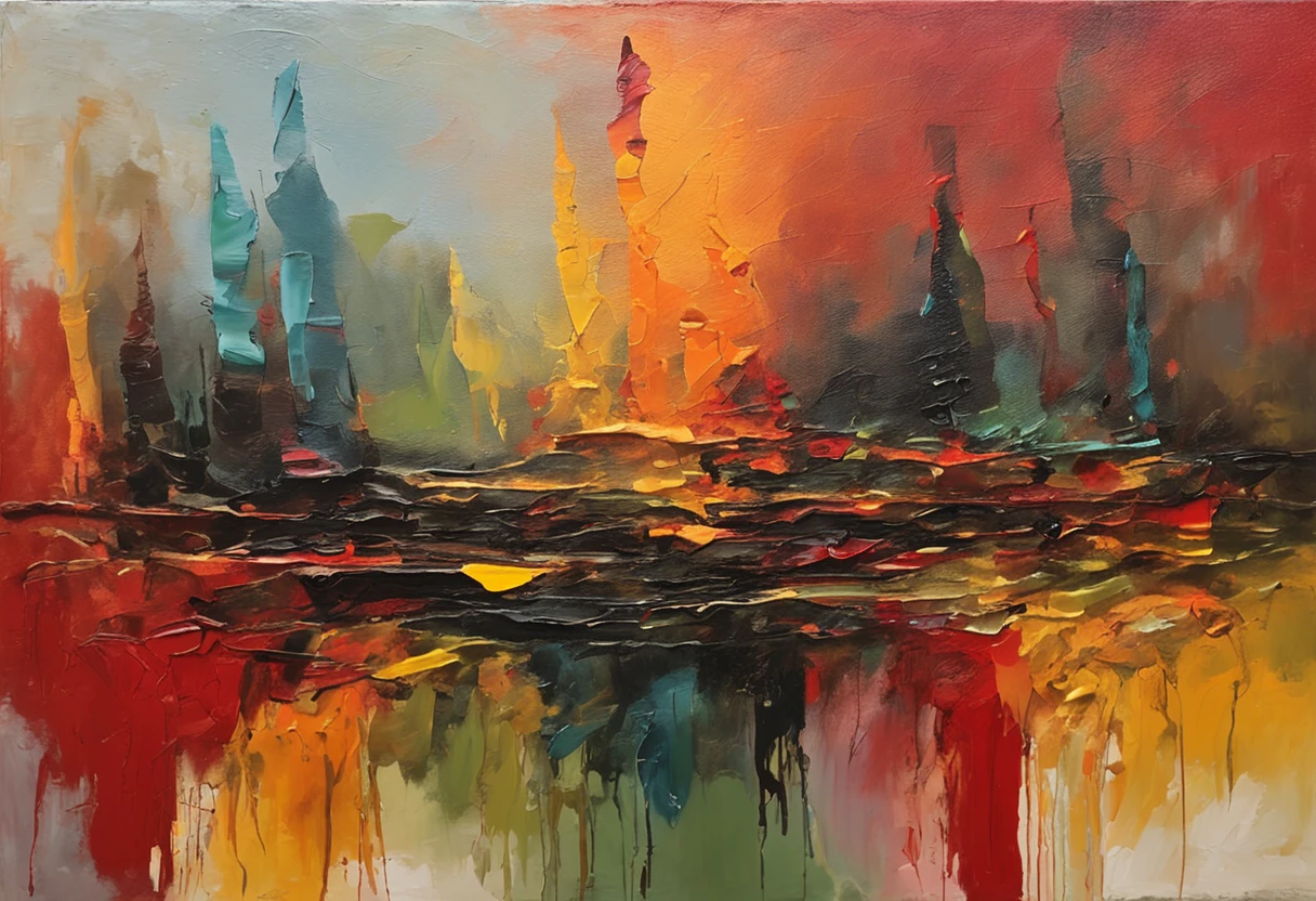 stunning quality glass palette oil painting of a pyramid, gold,black and red tetradic colors