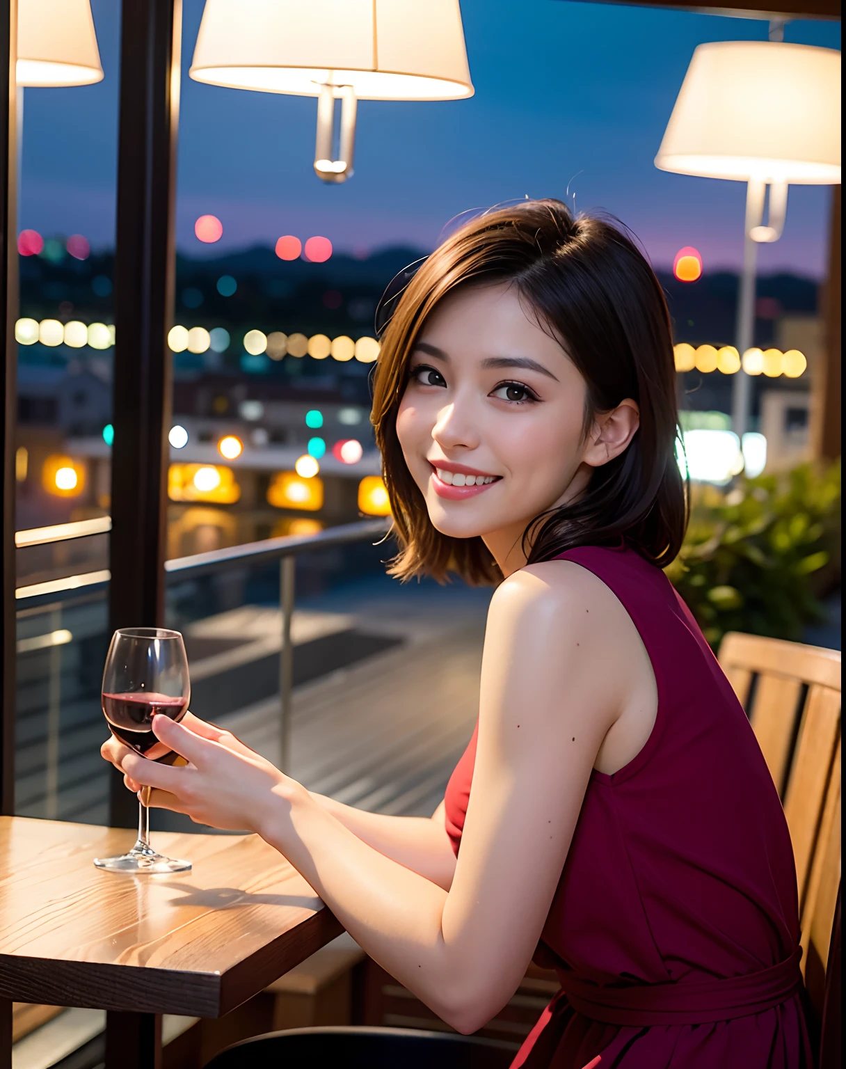 (64K, UHD, top quality, masterpiece: 1.2), (realistic, photorealistic: 1.37), super detailed, pretty woman 1 person, (slim face), (slim body), (brown hair), (short cut), cheeks slightly blushing, (44 years old), 38 years old, solo, beautiful detailed urban night view outside the window, restaurant, wine glasses sit, at night, in a prominent placeNovaFrogStyle, Actress, Model, Waist Up, White Wine, Slim, Wine Glass, Super Clean Night View, Wine Glass Put in the Middle, Happy Smile, (Smile: 1.15), Beautiful Fine Eyes, Upper Body, Bust Japan Up, Night, Short, Short, Actress, Model, Waist Up, White Wine, Slim, Wine Glass, Super Clean Night View, Wine Glass Put in the Middle, Happy Smile,