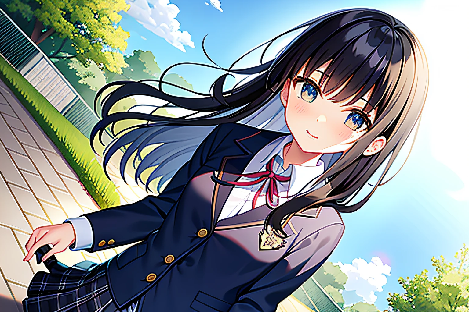 school ground,Wear a JK school uniform,Long hair,Big eyes,Holding a bouquet of flowers in his hand,