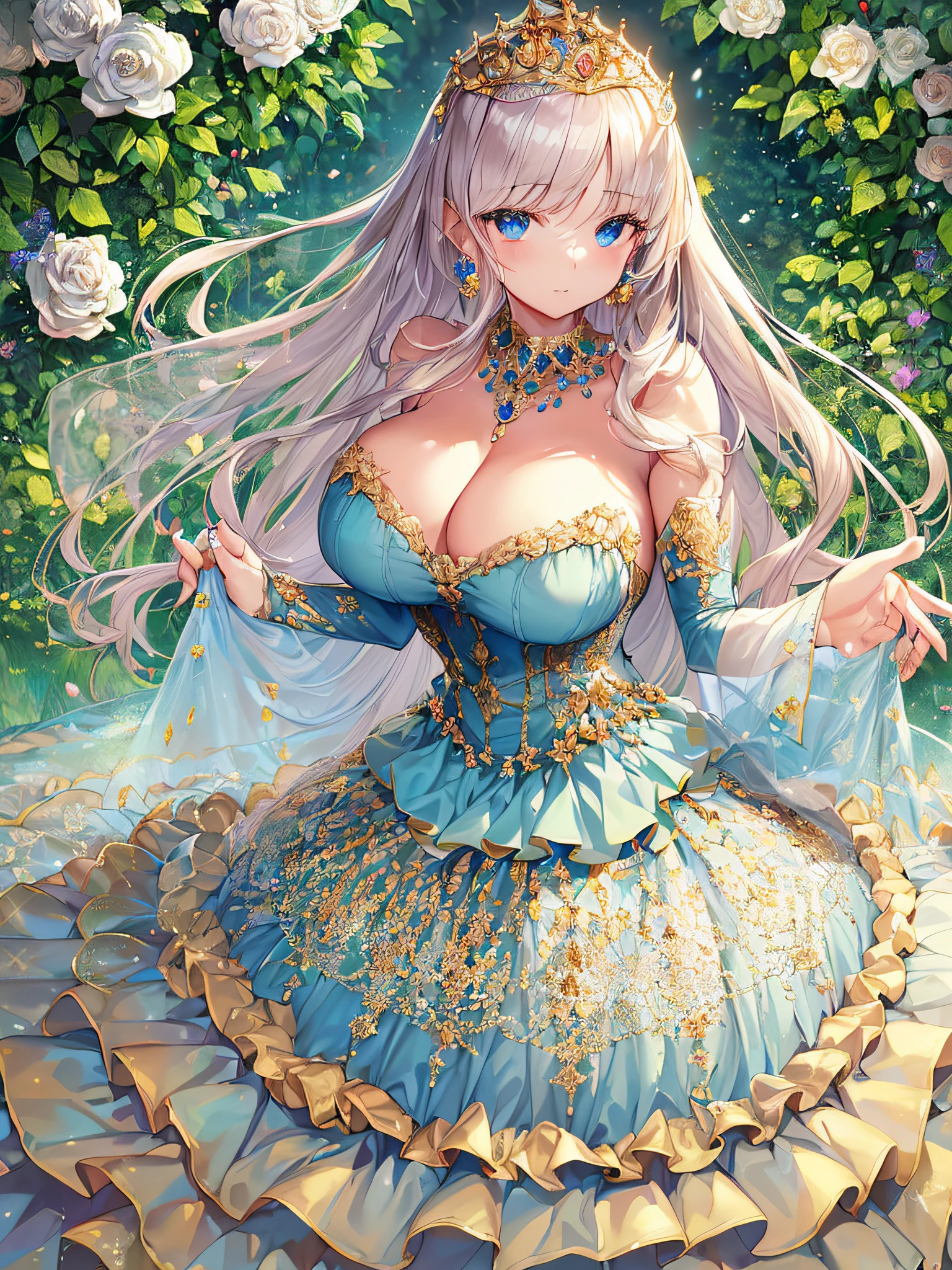 ((anime artstyle)),(Masterpiece),(Best Quality), (Super Detail),((Very Delicate and Beautiful)),(((Solo))),((full body portrait)),((1 princess in gorgeous princess rococo ballgown with voluminous full length hoop skirt)),((crinoline)),Long train,(((standing in garden))),(gorgeous gemstone jewelry),detailed face and eyes,jewel-like eyes,((large amount of straight hair,extremely voluminous Hair,Very Long Straight Hair)),((gigantic tits,Long tits)),cleavage,extremely gorgeousfull hair ornament,((bling-bling extremely gorgeousfull jeweled tiara)),((Dynamic Angle)),Looking at viewer,,flowers,flower petals flowing,((gorgeous princess rococo ballgown with voluminous full length hoop skirt))