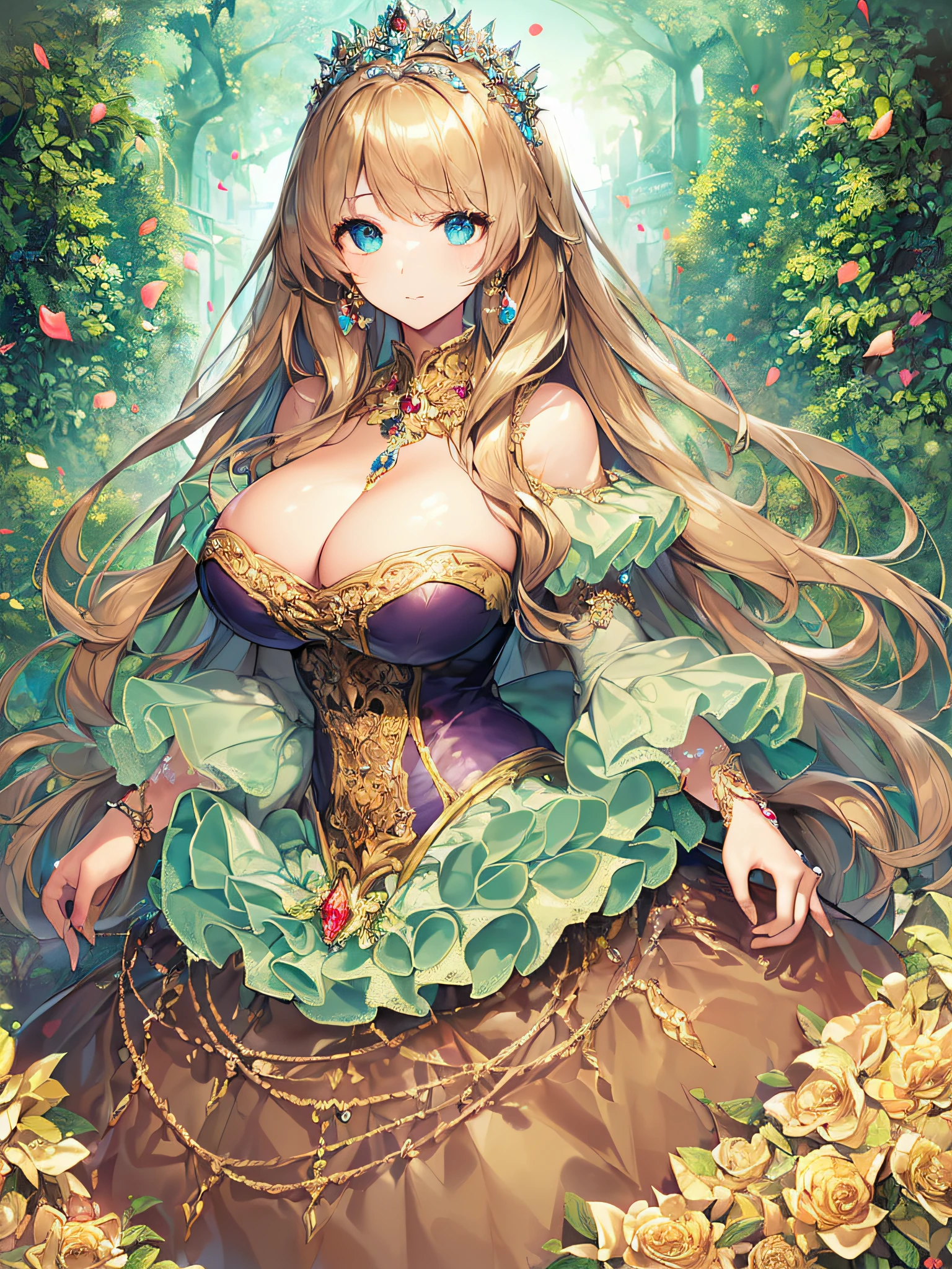 ((anime artstyle)),(Masterpiece),(Best Quality), (Super Detail),((Very Delicate and Beautiful)),(((Solo))),((full body portrait)),((1 princess in gorgeous princess rococo ballgown with voluminous full length hoop skirt)),((crinoline)),Long train,(((standing in garden))),(gorgeous gemstone jewelry),detailed face and eyes,jewel-like eyes,((large amount of straight hair,extremely voluminous Hair,Very Long Straight Hair)),((gigantic tits,Long tits)),cleavage,extremely gorgeousfull hair ornament,((bling-bling extremely gorgeousfull jeweled tiara)),((Dynamic Angle)),Looking at viewer,,flowers,flower petals flowing,((gorgeous princess rococo ballgown with voluminous full length hoop skirt))