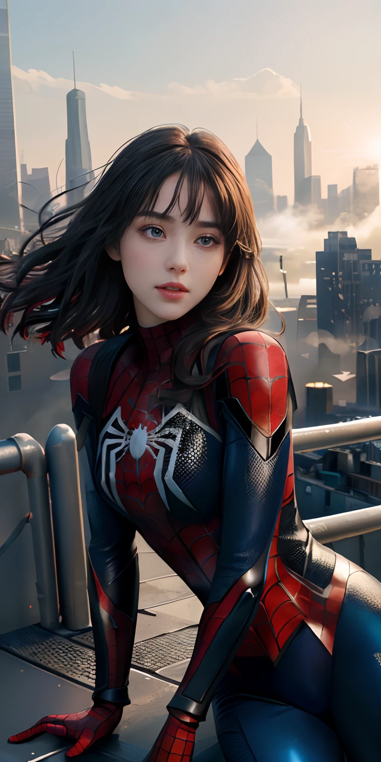 (1girl:1.3), Solo, (((Very detailed face)))), ((Very detailed eyes and face)))), Beautiful detail eyes, Body parts__, Official art, Unified 8k wallpaper, Super detailed, beautiful and beautiful, beautiful, masterpiece, best quality, original, masterpiece, super fine photo, best quality, super high resolution, realistic realism, sunlight, full body portrait, amazing beauty, dynamic pose, delicate face, vibrant eyes, (from the front), She wears Spider-Man suit, red and black color scheme, spider, very detailed city roof background, rooftop, overlooking the city, detailed face, detailed complex busy background, messy, gorgeous, milky white, highly detailed skin, realistic skin details, visible pores, clear focus, volumetric fog, 8k uhd, DSLR, high quality, film grain, fair skin, photo realism, lomography, futuristic dystopian megalopolis, translucent