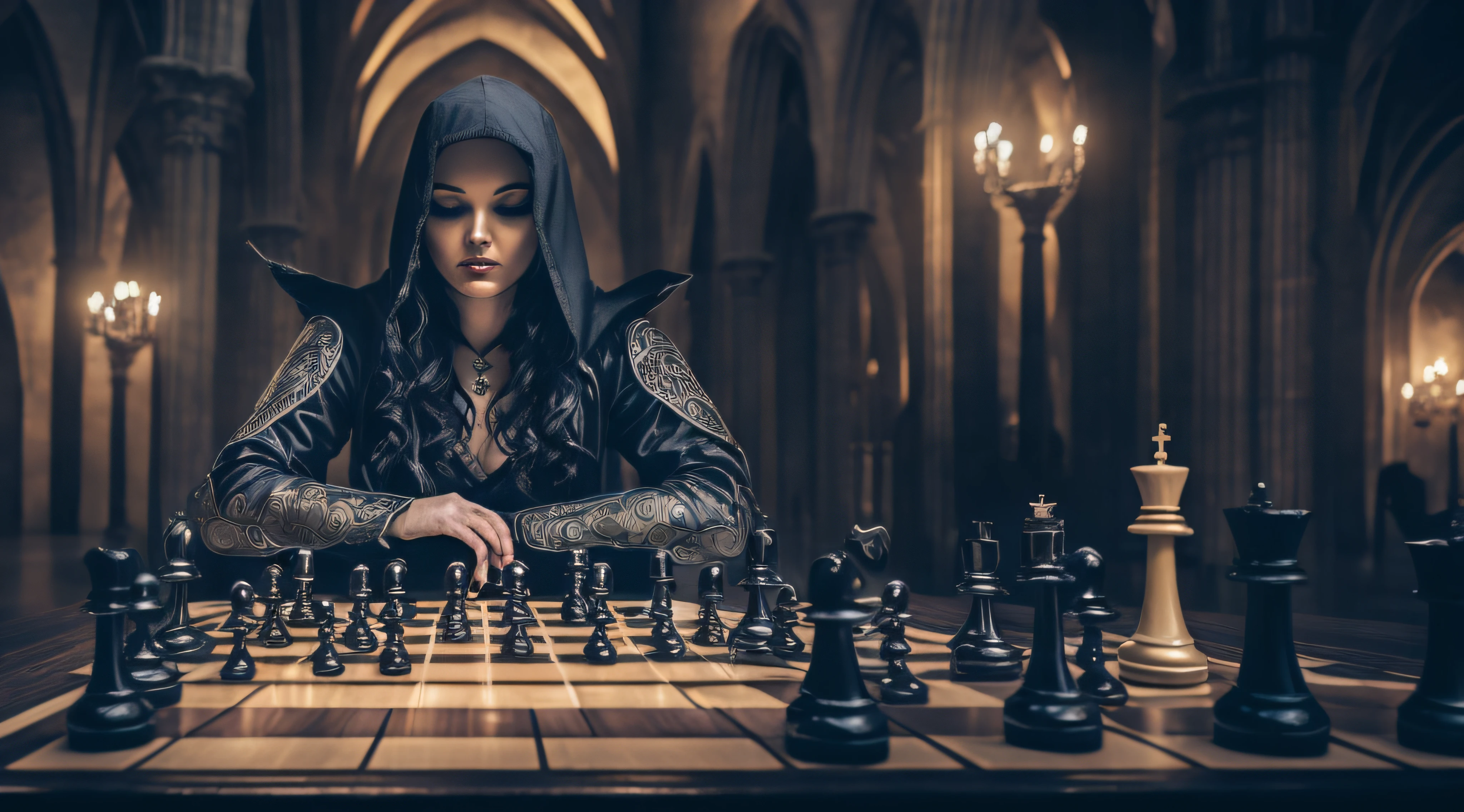 female knight plays chess with death, dark fantasy, gothic atmosphere, gloomy, grim reaper, chess tournament, dark cathedral background, female knight, art nouveau, art deco --auto