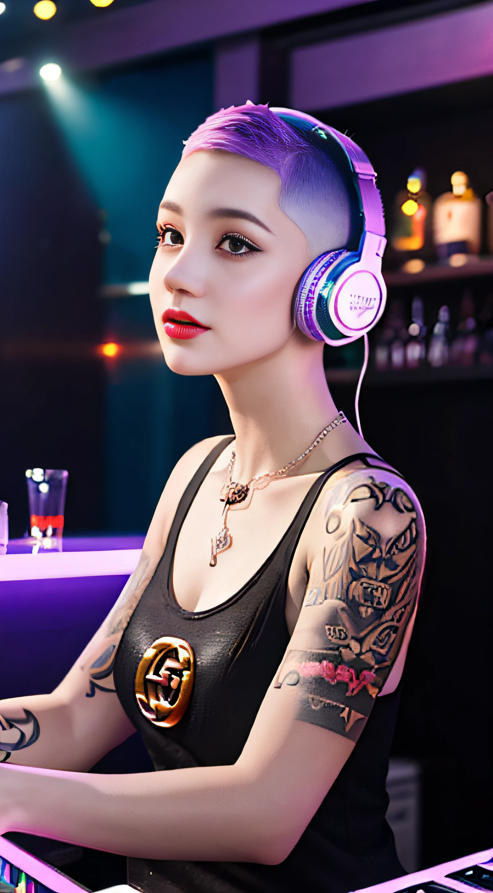 Best quality, Masterpiece, Ultra High resolution, native photo, Professional, photography, color photography, 1 girl, disco bar, girl with headphones, Djing in bar, upper body, female DJ, Looking at the crowd, DJ, DJ machine, DJ machine, Stage lights, (buzz cut:1.1), (Tattoo :1.1), Happy, dynamic, Gucci, Versace, cool, necklace, view