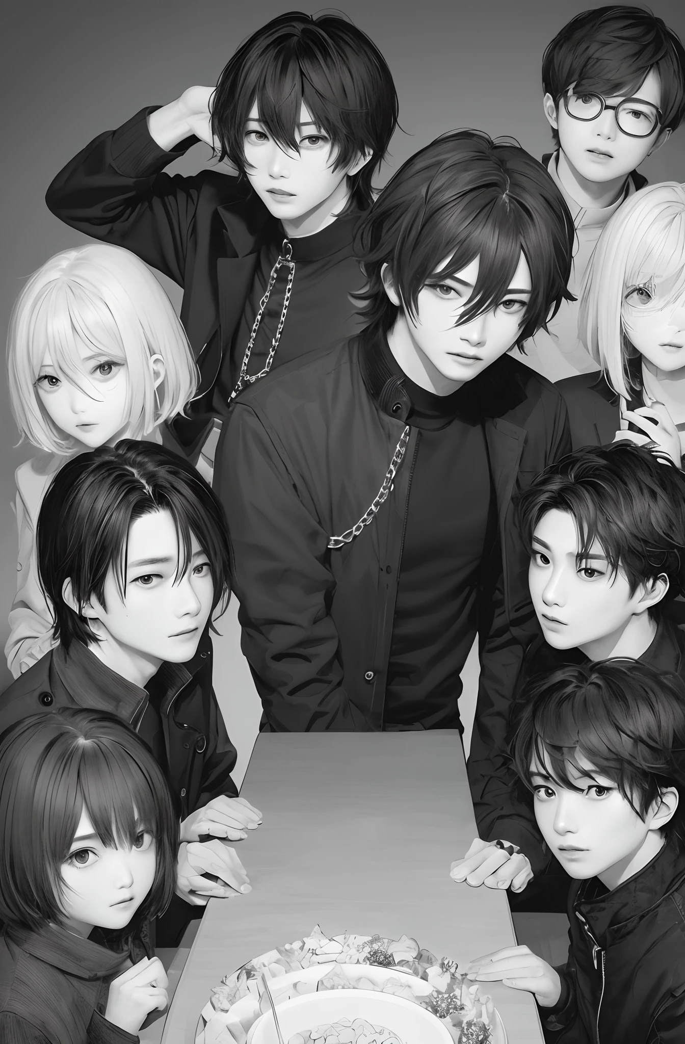 Man in Black Chain, adapted from Cheng Yanjun, Cai Xukun, Kim Do-young, Jung Yanjun, Zheng Yanchan, Urzan, Jung Jae-hyun, Hyung Tae, Bian Shoumin, Hong Jun Heng, Kanliu666; Short hair, slightly fluffy top, a few strands of hair sticking out of the ears, br...