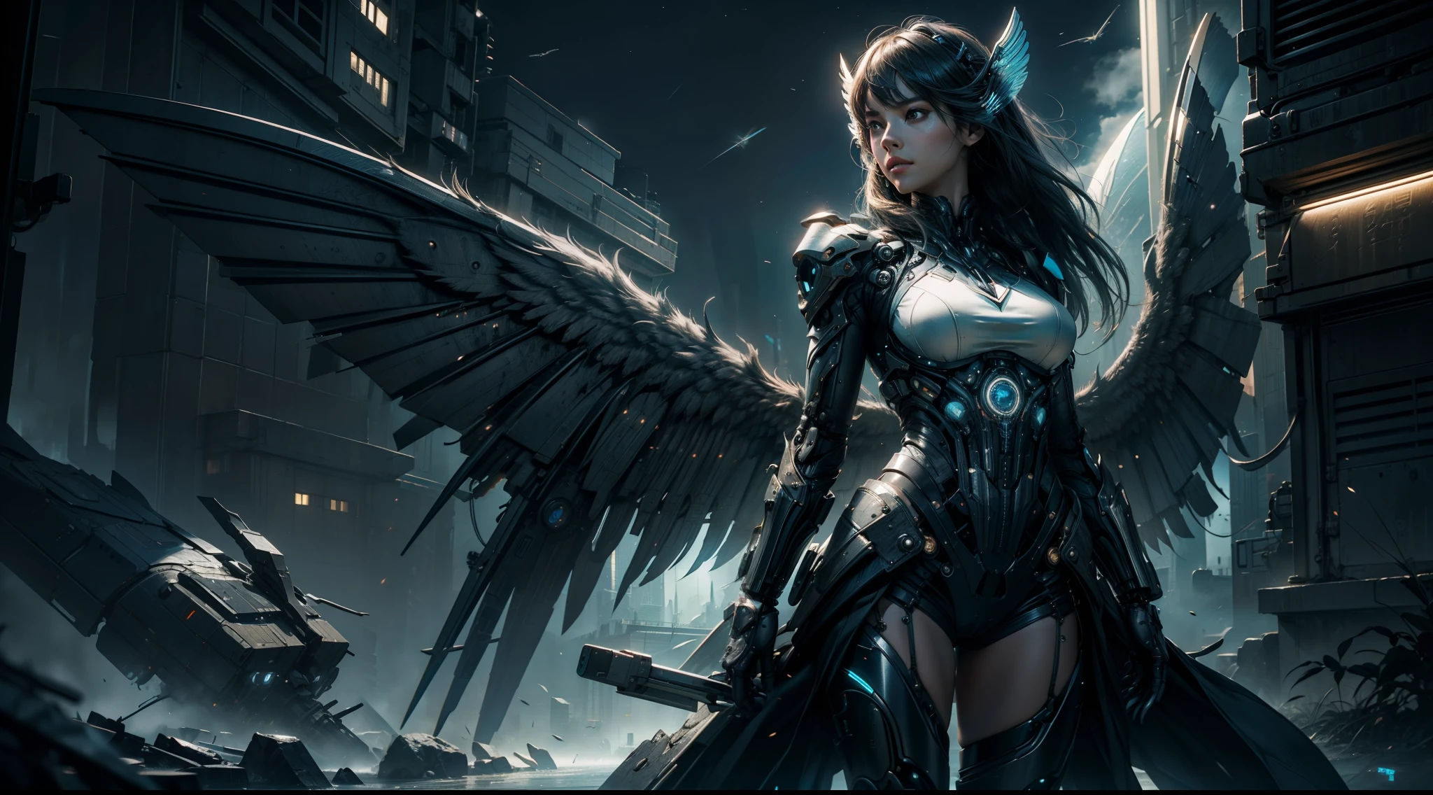 （（best qualtiy））， （（tmasterpiece））， （（Realistis））， （A detailed）， （realisticlying：1.5），illusory engine， (High detail: 1.9)，（femele：1.4），（big breasts beautiful： 1.4),(carismatic:1.3)， （Large breasts）， beuaty girl，elaborate robes，beauitful face， looking at viewert， dynamicposes， (((Mechanical wings)))，The background is the city of the future，the night，hdr， Ray traching， NVIDIA RTX， Hyper-Resolution， Unreal 5， sub surface scattering， PBR textures， Post-processing， Anisotropic filtering， depth of fields， Maximum clarity and sharpness， trichotomy，8K original，（Luminous Particle：1.4），（VerydetailedCG，Unity 8k壁纸，cinmatic lighting，lens flare glow），Reflectors，Sharp focus，cyber punk style