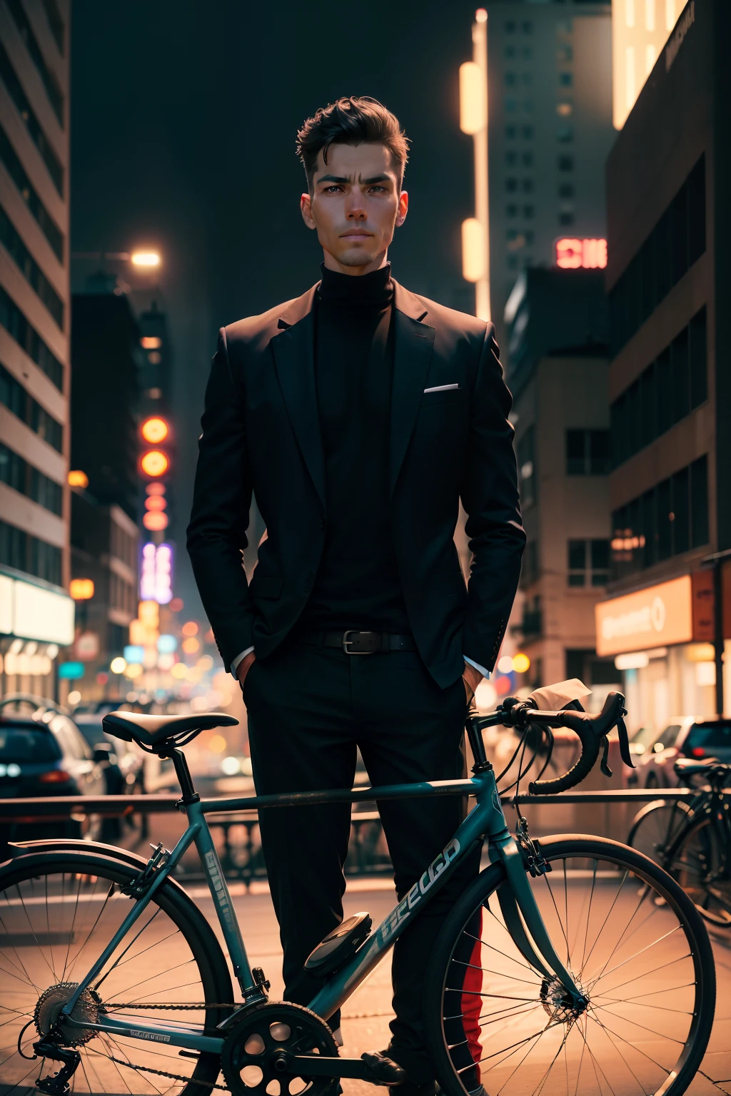 There is a man standing next to a bicycle on the sidewalk, with the city as the background, Take photos on the bridge, Cycling,City in the background, Bikes in the background, Neon city in the background, photo taken at night,The man looks very handsome