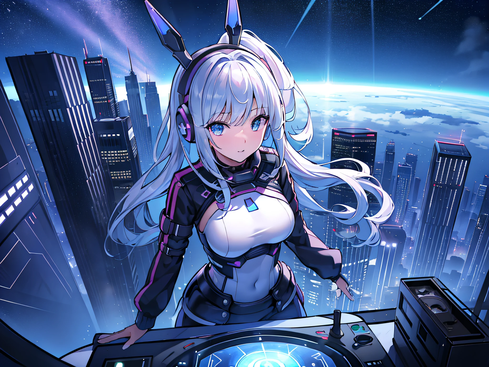 (best quality), (masterpiece), (photorealistic), (realistic), super detailed, unity 8k wallpaper, highly detailed cg, ray tracking, sharp shadows, great detail, depth of field, super detailed background, all glass DJ booth on top of skyscraper in futuristic city A female DJ plays music, dressed in latex in bolero type jacket, on a floating holographic screen on the roof of a skyscraper in a futuristic city. Drones emitting light rays fly around her, and her music echoes throughout the city. (overhead view composition),:1.4, aurora production,