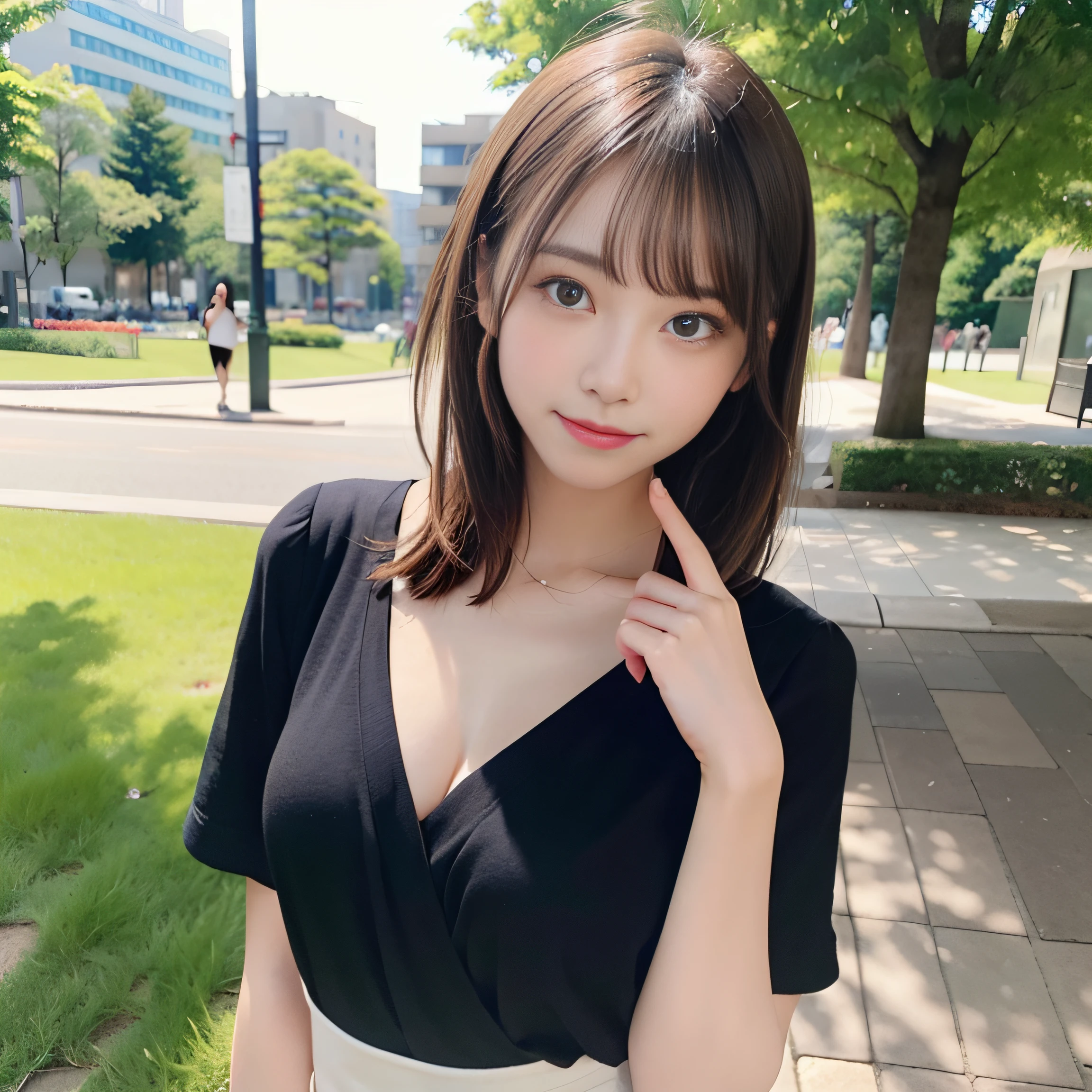 8K,Best Quality:1.4,high details、 超A high resolution:1.5, (Photorealistic:1.4),​masterpiece:1.2,(top-quality:1.4)、 Raw photo、(the background is blurred), a park,fully body photo:1.8、Standing Pose:1.2、 1日本人の女の子, Cute, (Solo), (Shy smile), Smooth skin、ＴThe shirt、Check miniskirt:1.3、 (Brown medium hair,Bangs), (touch hair:1.4)、nogizaka、cute little、(30-years old:1.2)、beauty legs、Supple fingertips、Realistic fingers、Beautiful black eyes、natural skin textures:1.3, realistic eyes and face details:1.7、middlebreasts、gazing at viewer,Gravure Pose