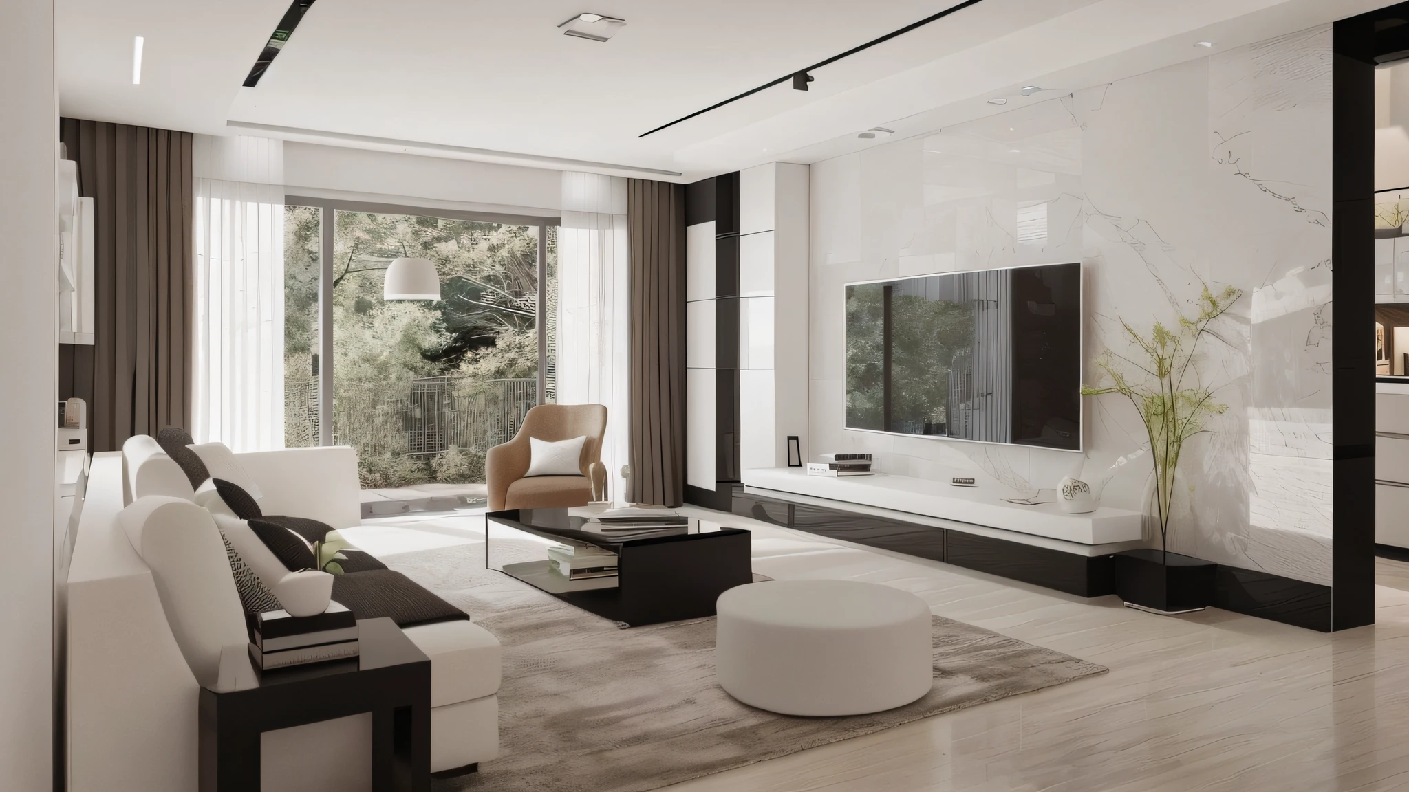 The Aalfid living room has a large TV and white sofas。。。, Simple and beautiful, all white render, modern minimalistic design, cinematic accent lighting, Modern living room, maximalist interior design, Living room, inside a modern apartment, modernsimplicity, white accent lighting, A bright room, Soft lighting 8K, Emphasize white lighting, Detailed and realistic 8 K, The interior design is soft lighting, 45° command, Masterpiece, A high resolution, Ray tracing, Cinematic lighting, hyper HD, ccurate, Textured skin, Super detail, High details, High quality, Best quality, 16k