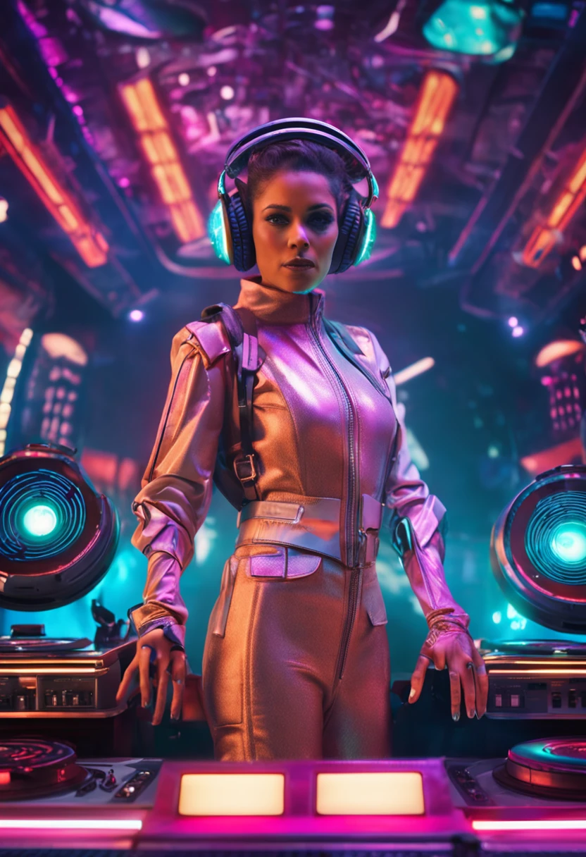 A young female DJ wears a vinyl record player on a sci-fi DJ table,(The upper part of the body:1.5), In the lively disco,Look at the crowd,Cybernetics enhances the highly detailed futurists on the stage table,She wears futuristic clothing and double-sided hearing headphones,She wears a Rosotto hat on her head,Laugh excitedly,dynamic viewing angle,