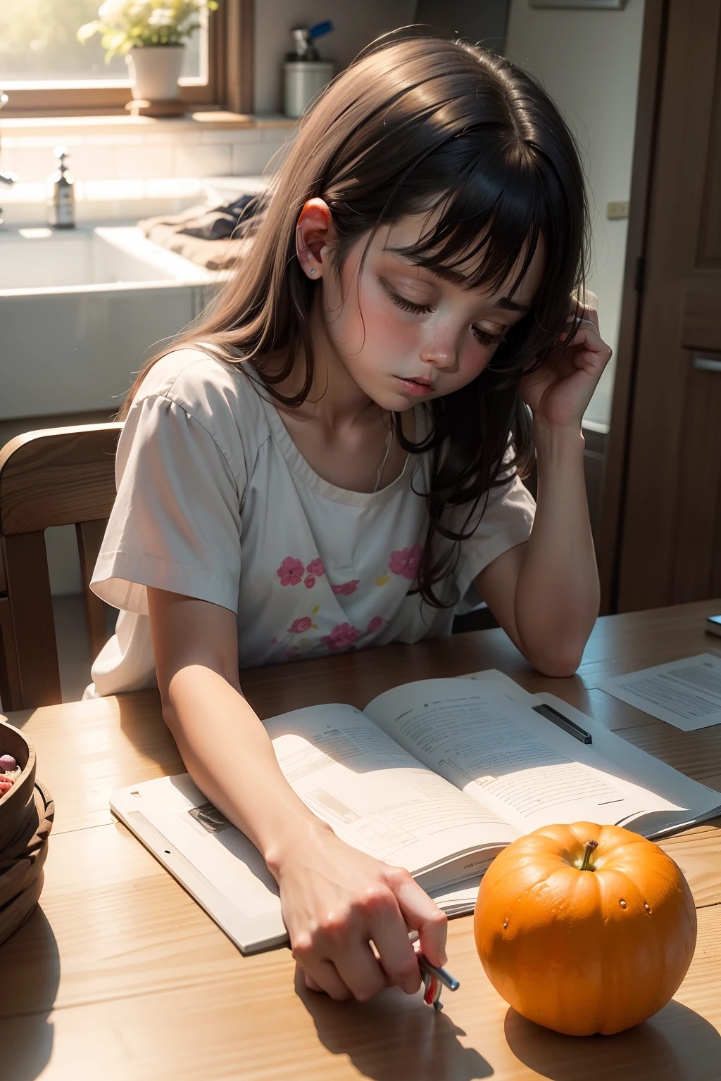 Eleven o'clock at night，My daughter is too tired from doing her homework，Fell asleep on the table，The mother reminded her daughter loudly，Dad washing fruit in the kitchen room