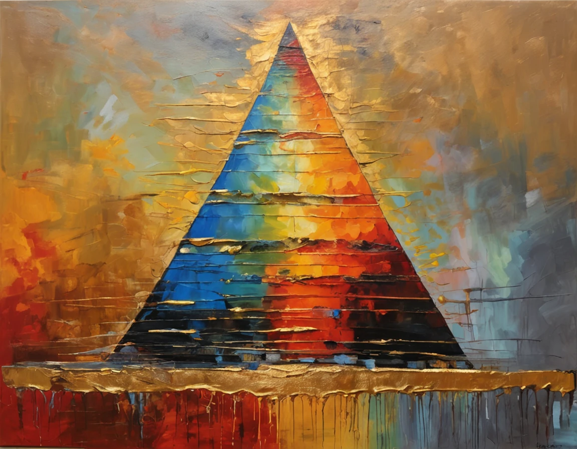 stunning quality glass palette oil painting of an Egyptian pyramid, gold,black and red tetradic colors