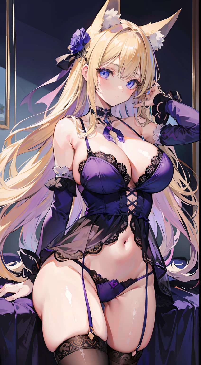 High quality, masterpiece, ultra-detailed, black stockings, purple lingerie, purple panties, choker, headress, 1girl, solo, peaceful expression, long blonde hair, enchanting blue eyes, fox ears, big breasts, bedroom