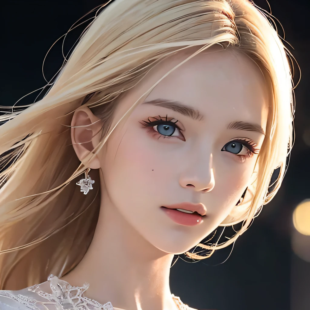 (8K, RAW Photos, of the highest quality, Masterpieces: 1.2), (Realistic, Photorealistic: 1.37), Highest Quality, Ultra High Resolution, light  leaks, Dynamic lighting, Slim and smooth skin, (Full body:1.3), (Soft Saturation: 1.6), (Fair skin: 1.2), (Glossy skin: 1.1), Oiled skin, 22 years old, Night, shiny white blonde, Well-formed, Hair fluttering in the wind, Close-up shot of face only, Physically Based Rendering, From multiple angles, Bvlgari dresses