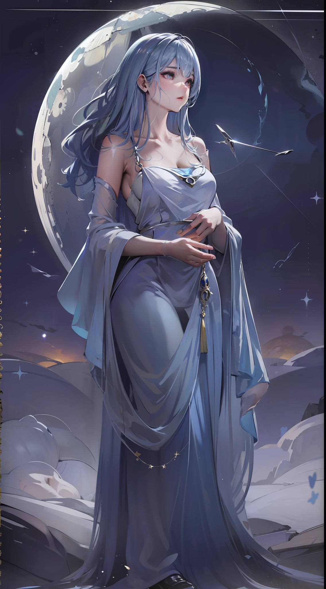 In the lunar environment, Under the tranquil starry sky, Standing a woman with an elegant and serene appearance. Her hair, Illuminated by silver moonlight, Falling in delicate waves on her shoulders. Costumes are decorated to reflect the surroundings, She seems to be in perfect harmony with the celestial landscape around her.
The costume she wears is made of ethereal fabrics,Capture the essence of moonshine. The harmonious blend of silver and blue tones adorns her silhouette in an elegant and understated way, Enhance her natural beauty. Lightweight tunic, Embellished with motifs reminiscent of constellations, Drape over her, Cloud-shaped soft shoes support her feet.
Her curious eyes fixed on the moon horizon, Convey a feeling of wonder and admiration. She seems to be immersed in the mysteries of the universe around her, Exudes an aura of serenity and introspection. The tranquil beauty of the moon blends with the enchanting atmosphere,Create a scene that is both inspiring and serene.
A high resolution,high qulity。