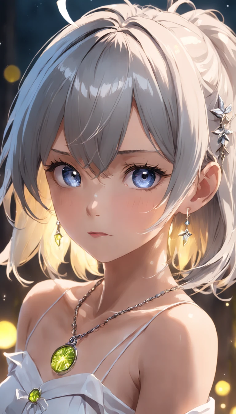 lime yellow, platinum earrings, platinum necklace, white dress, 1girl, cute, (dynamic lighting:1.2), cinematic lighting, delicate facial features, detailed eyes, sharp pupils, realistic pupils, depth of field, bokeh, sharp focus, (hyper-detailed, bloom, glow:1.4), many small gems