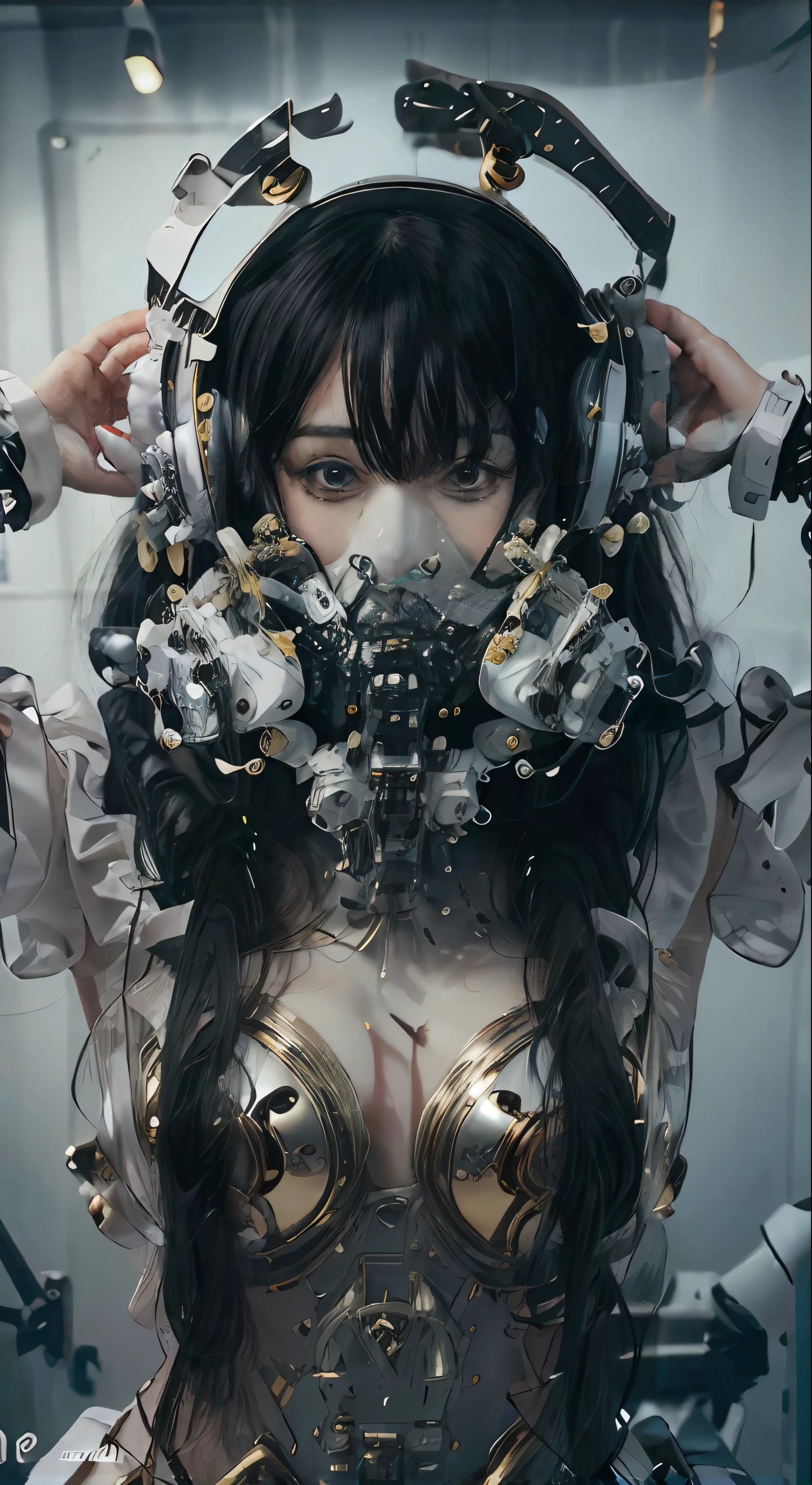 There was a woman with headphones on her head,Wear a mask, cyborg - girl, beautiful girl cyborg, perfect anime cyborg woman, Cyborg girl, young lady cyborg, cybernetic machine female face, belle fille cyborg, an image of a beautiful cyborg, Cute cyborg girl, portrait of a mechanical girl, anime robots, beautiful cyberpunk girl face