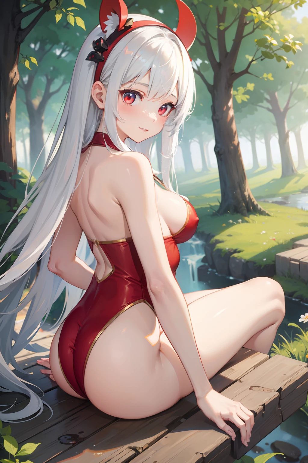 ​masterpiece、top-quality、1 。Butt thrust up(onepiece:1.2), white  hair,Red Eyes,(Tiere:0.8), (in woods:0.7),(middlebreasts:1.4), (a smile:0.8)