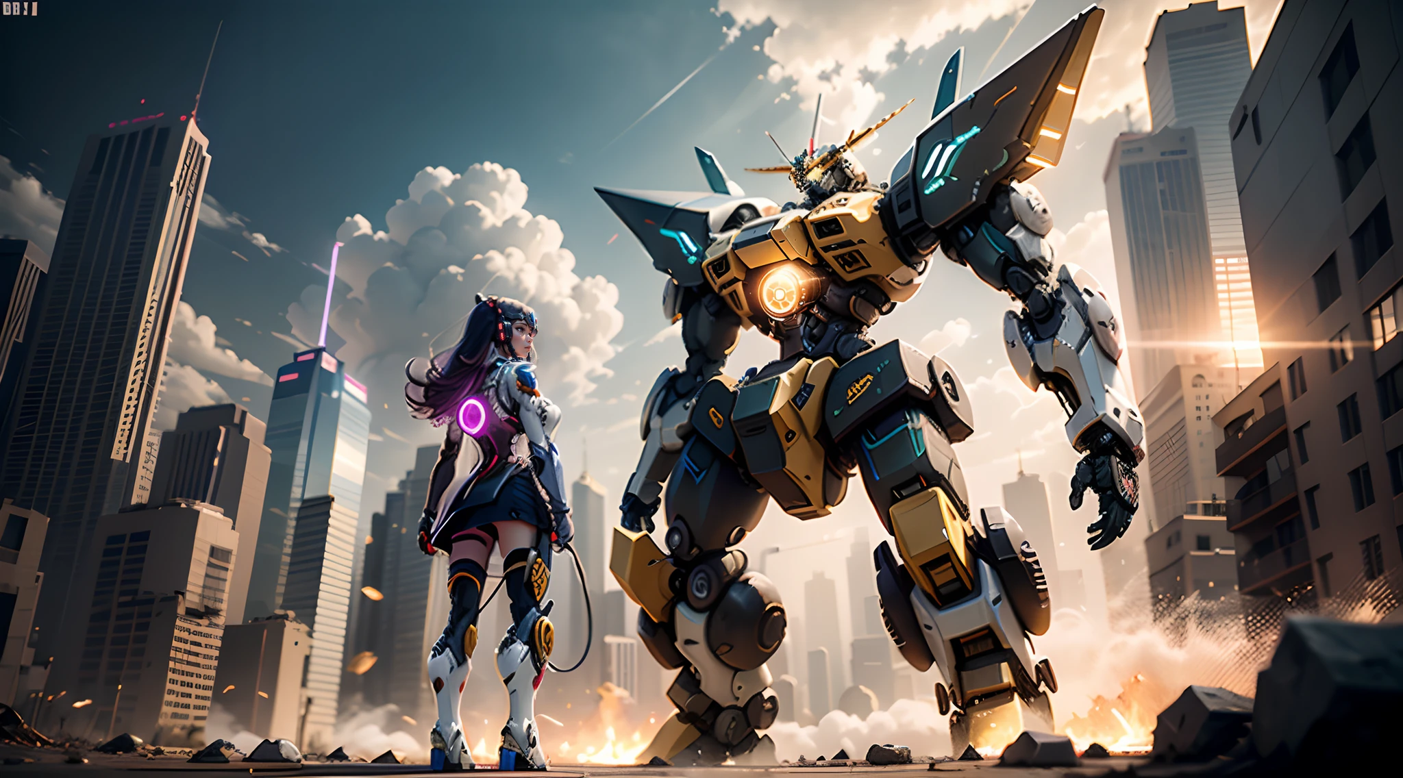 ((Best quality)), ((masterpiece)), (highly detailed:1.3), 3D,Shitu-mecha, beautiful cyberpunk women with her mecha in the ruins of city from a forgoten war, ancient technology,HDR (High Dynamic Range),Ray Tracing,NVIDIA RTX,Super-Resolution,Unreal 5,Subsurface scattering,PBR Texturing,Post-processing,Anisotropic Filtering,Depth-of-field,Maximum clarity and sharpness,Multi-layered textures,Albedo and Specular maps,Surface shading,Accurate simulation of light-material interaction,Perfect proportions,Octane Render,Two-tone lighting,Low ISO,White balance,Rule of thirds,Wide aperature,8K RAW,Efficient Sub-Pixel,sub-pixel convolution,luminescent particles,light scattering,Tyndall effect