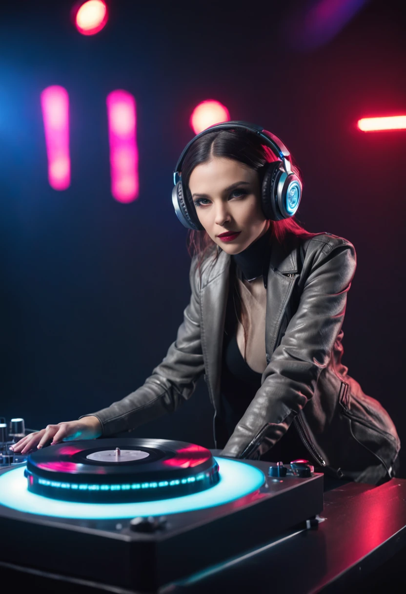 A young female DJ wears a vinyl record player on a sci-fi DJ table,(The upper part of the body:1.5), In a lively discotheque,Look at the crowd,Cybernetics enhances the highly detailed futurists on the stage table,She wears futuristic clothing and double-sided hearing headphones,She wears a Rosotto hat on her head,Laugh excitedly,dynamic viewing angle,