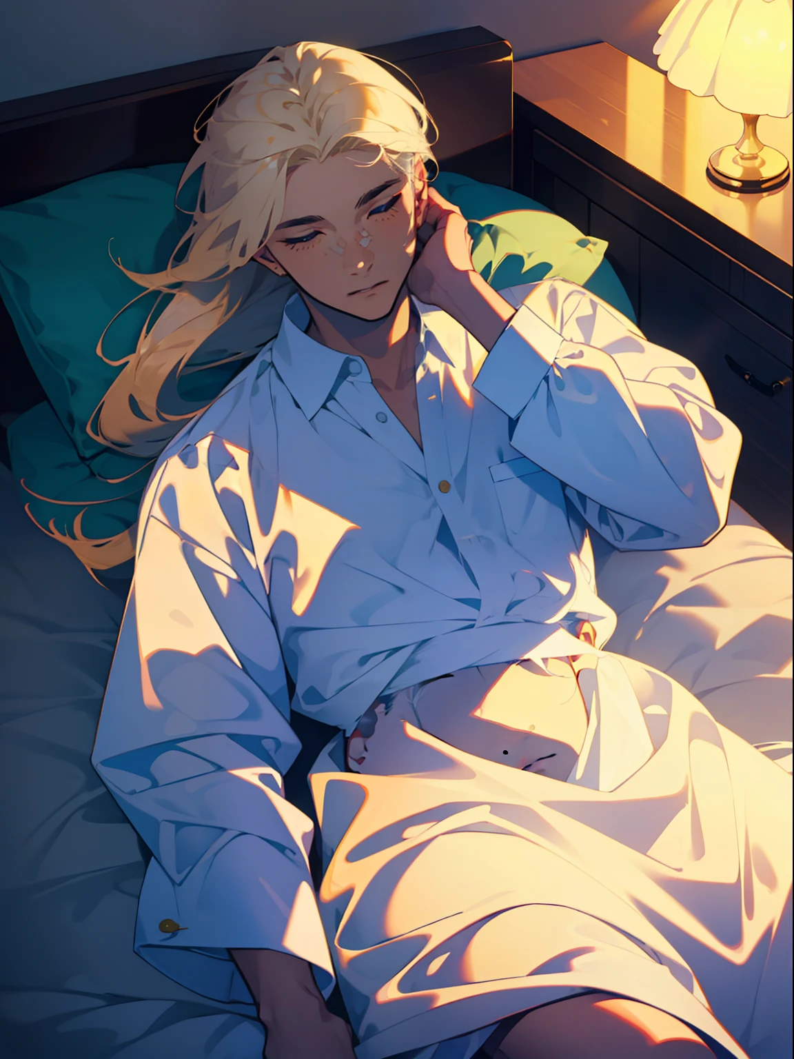 Handsome, elegant and tall man,Sleep in a white shirt,Lie down in bed,golden hair,Long hair,M bangs,sunraise,Handsome,shoun,youth,A model-like face