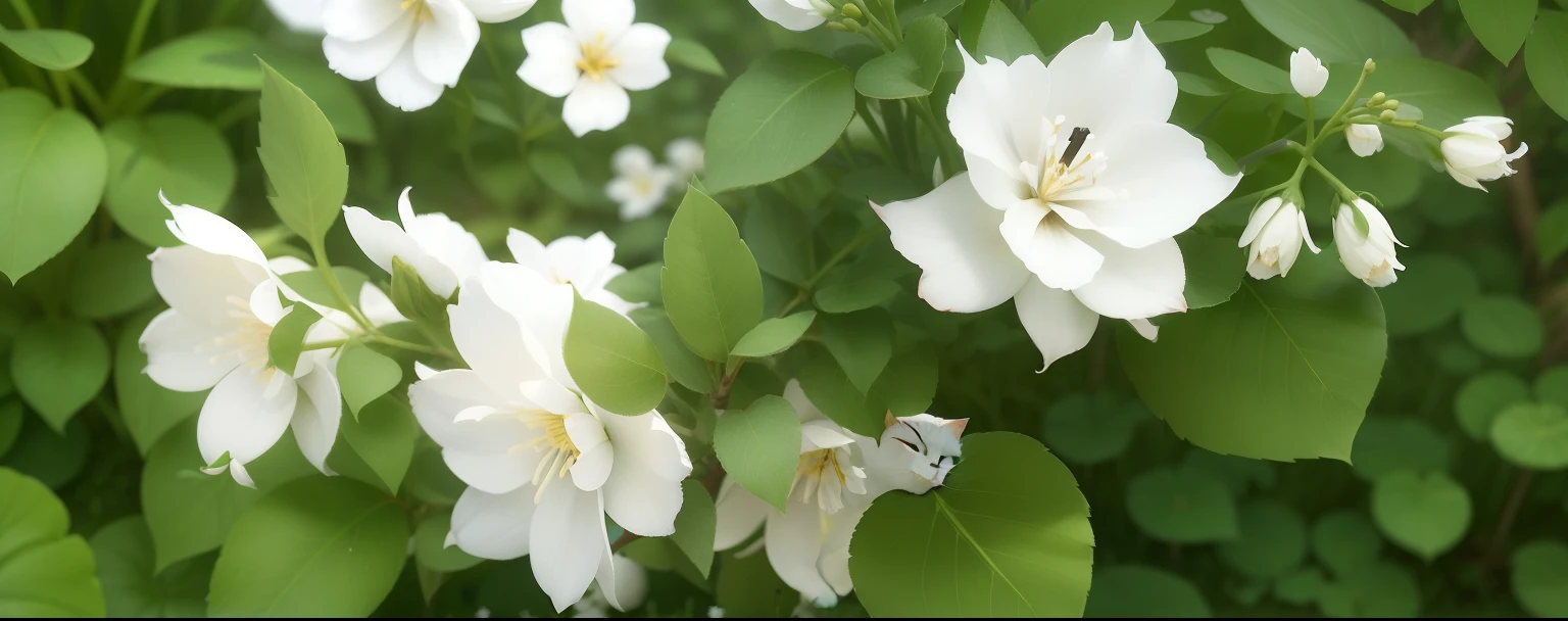A cat on a meadow with lots of white flowers，jasmine flowers, white blossoms, flor branca