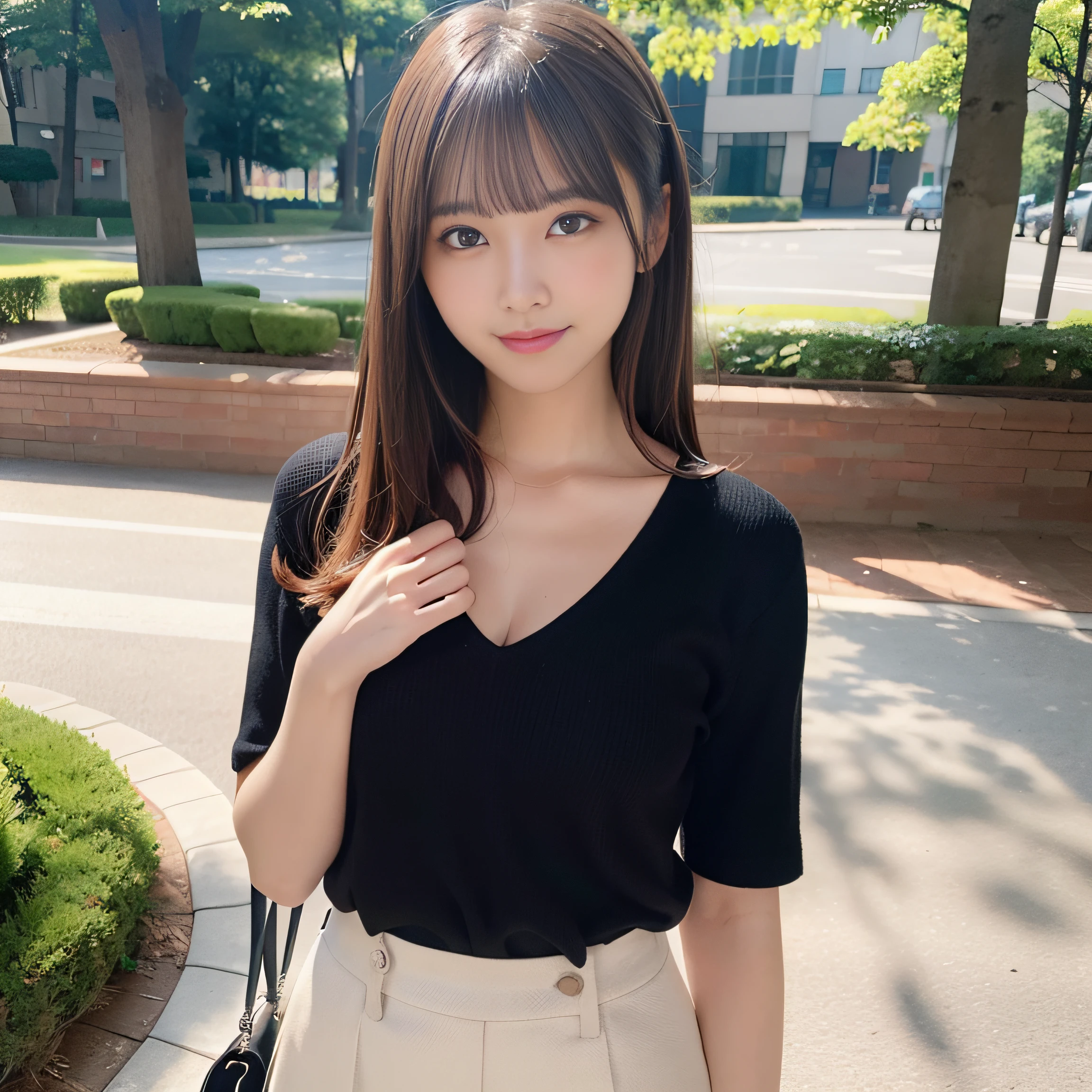 8K,Best Quality:1.4,high details、 超A high resolution:1.5, (Photorealistic:1.4),masterpiece:1.2,(top-quality:1.4)、 Raw photo、(the background is blurred), a park,fully body photo:1.8、Standing Pose:1.2、 1日本人の女の子, Cute, (Solo), (Shy smile), Smooth skin、TThe shirt、Check miniskirt:1.3、 (Brown medium hair,Bangs), (touch hair:1.4)、nogizaka、cute little、(30-years old:1.2)、beauty legs、Supple fingertips、Realistic fingers、Beautiful black eyes、natural skin textures:1.3, realistic eyes and face details:1.7、middlebreasts、gazing at viewer,Gravure Pose