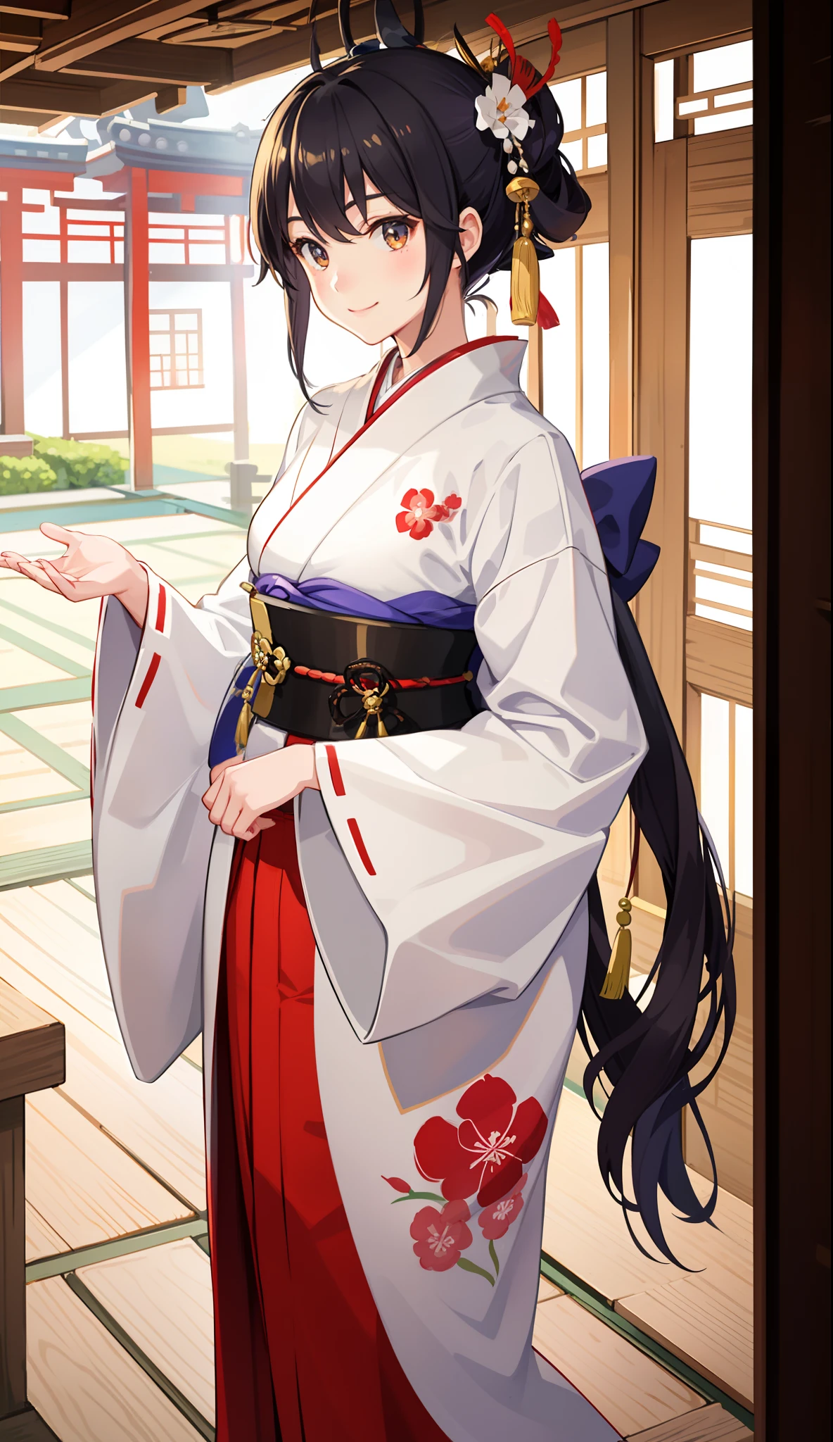 1girl in、A smile、A delightful!　Taisho period in Japan、White color kimono、Hakama、（small tits）