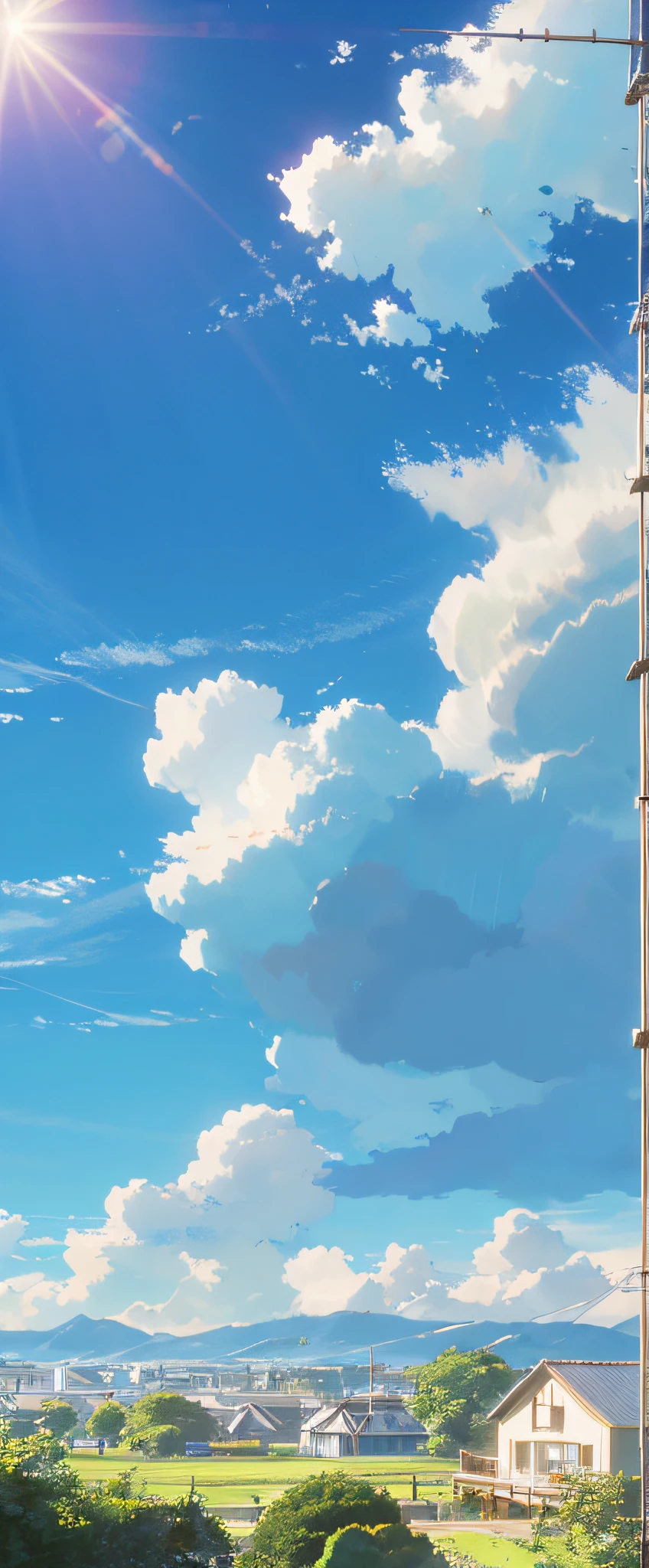 8k hdr,There are several white clouds in the sky,Faraway view,wide angles,Studio Ghibli Sky,Studio Ghibli view,Ghibli Studio Environment,Studio Ghibli Sunshine,soft sun light,Pretty colors,Nice reflections,Sunnyday,A small river in the distant mountains,The river goes forward