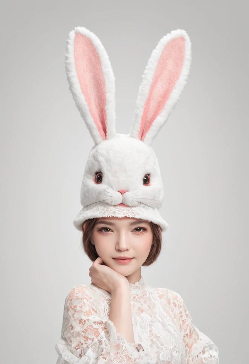 White Gradient Background, (Panorama: 1.2, Full Body: 1.2), 1 girl, Anatomically correct, Rabbit shaped headwear, short hair, smile, Rabbit patterned clothes, white shoes, perfect proportions, extremely detailed face